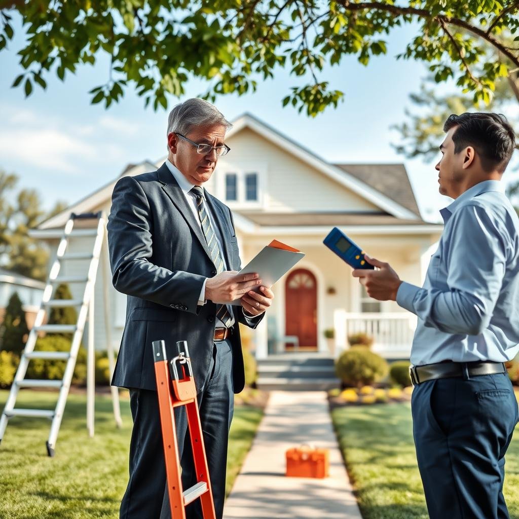 A professional home inspector, dressed in smart business attire, is examining a charming suburban home during daylight. In the foreground, the inspector holds a clipboard while intently studying the structure, showcasing attention to detail. The middle ground reveals key elements of a home inspection, such as a ladder leaning against the house, a small toolbox, and inspection tools like a moisture meter. The background features well-maintained lawns, trees, and a clear blue sky, creating an inviting atmosphere. Soft natural lighting highlights the home’s exterior, emphasizing its features. The overall mood is diligent and reassuring, symbolizing trust and thoroughness in the home insurance process.