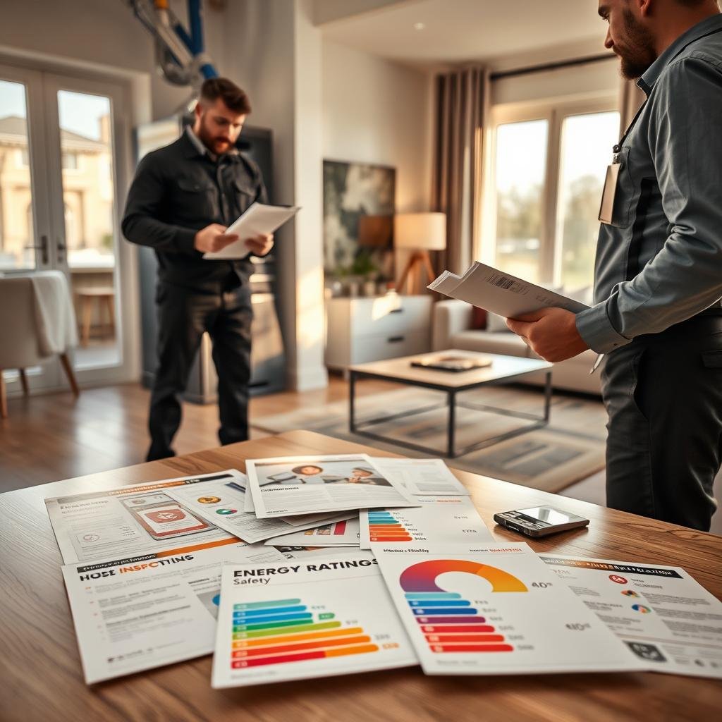A professional home inspector examining a modern house's interior, with a focus on energy-efficient features and safety systems. In the foreground, the inspector, dressed in a smart uniform with a clipboard, inspects a furnace or plumbing system. In the middle ground, various home inspection tools are scattered on a table, displaying insulation samples and energy rating certificates. The background shows a well-lit living room with modern décor, emphasizing safety and comfort. Soft, natural lighting filters through large windows, casting warm shadows and creating a welcoming atmosphere. The overall mood is professional and reassuring, highlighting the importance of home inspections for insurance discounts.
