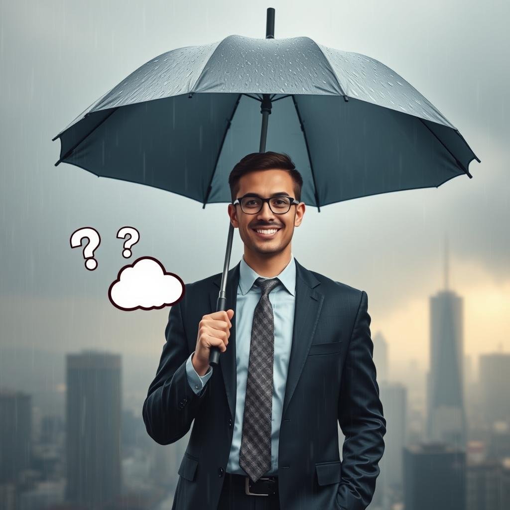 A professional insurance advisor, dressed in smart business attire, stands confidently under a large, open umbrella, symbolizing umbrella insurance coverage. The foreground features rain pouring down around the advisor, while they hold an umbrella aloft with a reassuring smile, showcasing an aura of protection and security. In the middle ground, symbols of common misconceptions about umbrella insurance—like question marks and clouds—float gently, partially obscured by the rain, representing confusion and uncertainty. The background contains a cityscape shrouded in mist, with soft, diffused lighting creating a calm yet enlightening mood. The lighting captures the essence of a bright day emerging through the storm, symbolizing clarity and understanding. The image should convey a sense of calm reassurance amidst chaos. A professional insurance advisor, dressed in smart business attire, stands confidently under a large, open umbrella, symbolizing umbrella insurance coverage. The foreground features rain pouring down around the advisor, while they hold an umbrella aloft with a reassuring smile, showcasing an aura of protection and security. In the middle ground, symbols of common misconceptions about umbrella insurance—like question marks and clouds—float gently, partially obscured by the rain, representing confusion and uncertainty. The background contains a cityscape shrouded in mist, with soft, diffused lighting creating a calm yet enlightening mood. The lighting captures the essence of a bright day emerging through the storm, symbolizing clarity and understanding. The image should convey a sense of calm reassurance amidst chaos.