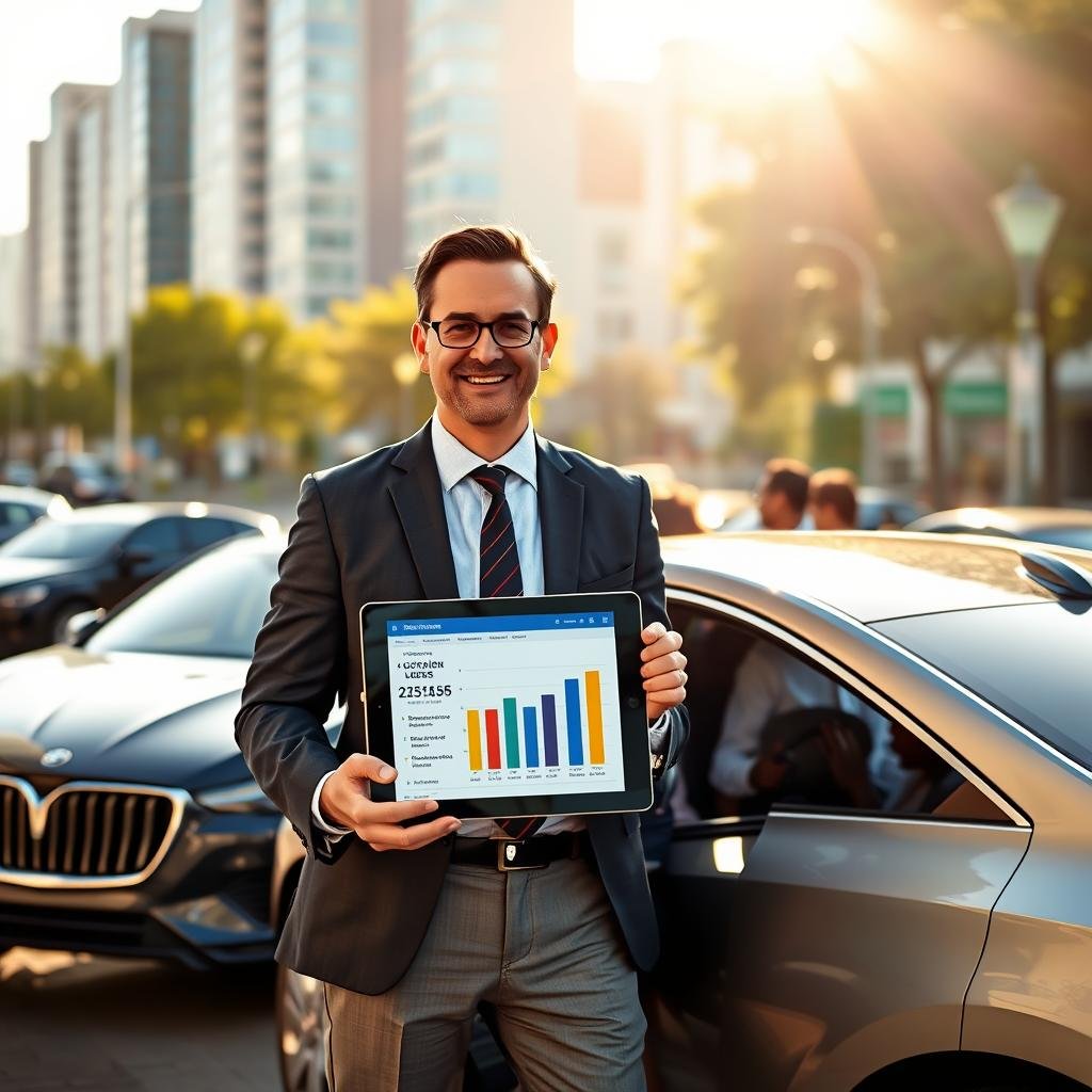 A professional insurance advisor in business attire stands confidently beside a modern car in a sunlit urban environment. The advisor holds a tablet displaying a customizable auto insurance plan, with charts highlighting cost savings and tailored coverage options. In the middle ground, diverse families are shown discussing their insurance needs, emphasizing inclusivity and personalized service. The background features a vibrant cityscape with various cars representing different lifestyle needs, signifying the adaptability of insurance options. Soft, warm lighting creates an inviting atmosphere, while a slight lens flare enhances the uplifting mood. The composition focuses on the importance of individualized auto insurance, reflecting trust and empowerment through customized solutions.