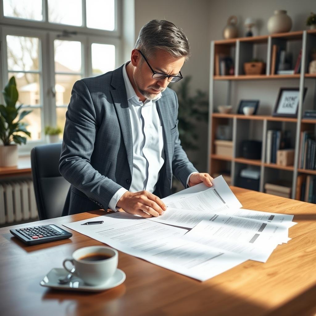 A professional insurance advisor standing in a bright, welcoming home office, examining detailed home insurance policy documents spread across a sleek wooden desk. In the foreground, a calculator and a cup of coffee add a cozy touch. The middle ground features a large window allowing natural light to flood the room, casting soft shadows. In the background, shelves filled with home improvement books and decorative items suggest a focus on homeowners' needs. The mood is serious yet approachable, emphasizing careful assessment. Use soft-focus to highlight the documents while keeping the advisor and the surroundings in clear detail, shot with a 50mm lens to capture a personal and intimate atmosphere.
