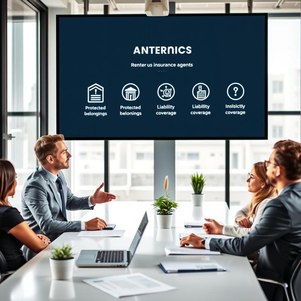 A professional insurance agent in a modern office environment, wearing smart business attire, is discussing renters insurance coverage with a diverse group of clients seated at a sleek conference table. The foreground shows the agent gesturing toward a large screen displaying a visual representation of renters insurance benefits, such as protected belongings and liability coverage icons. The middle of the image features a detailed, organized desk with insurance documents, a laptop, and plants adding a touch of warmth. The background has large windows letting natural light stream in, creating a bright and inviting atmosphere. The mood is professional yet approachable, emphasizing trust and clarity in financial planning. The composition should be captured with a wide-angle lens for a sense of inclusivity and engagement.