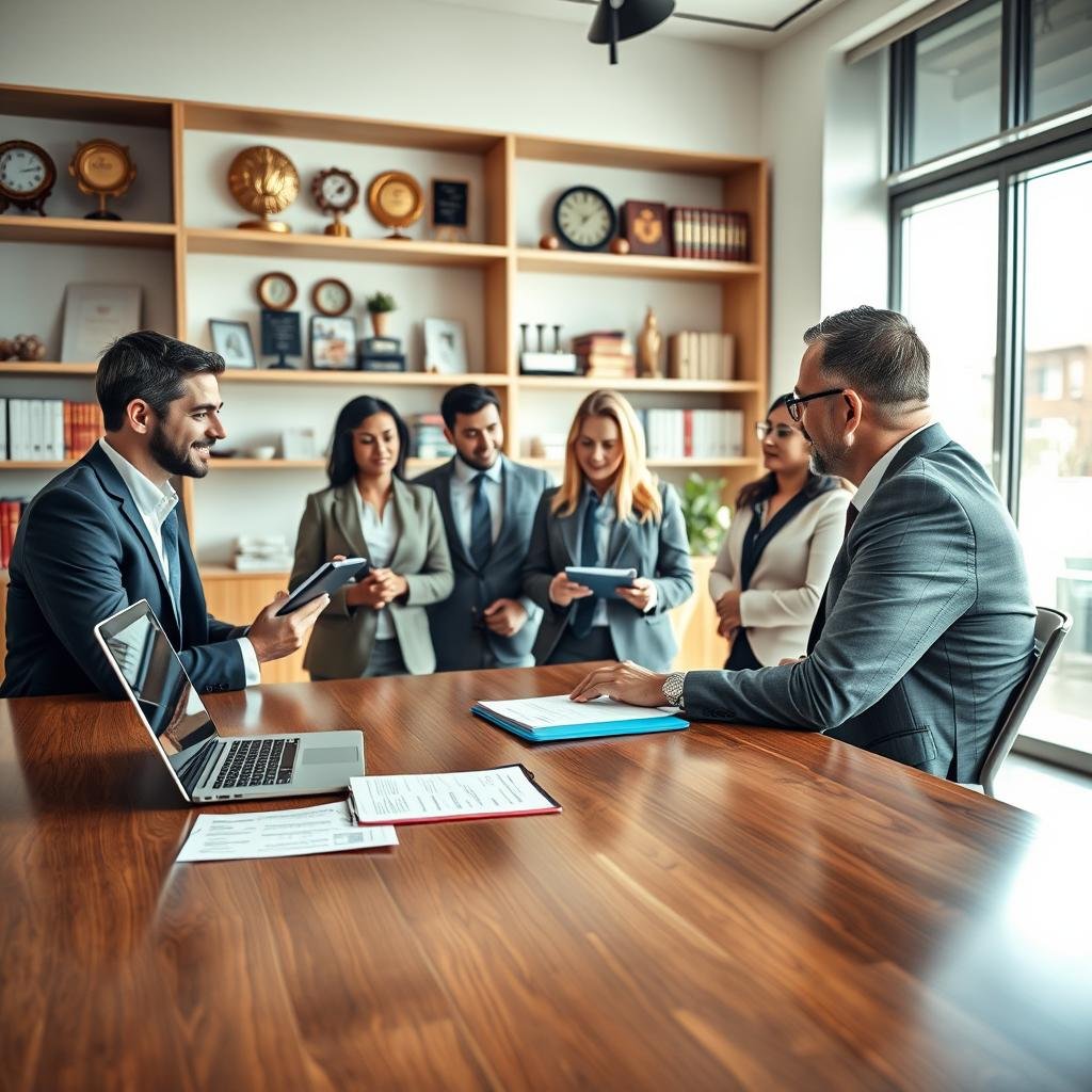 A professional insurance broker sits at a desk in a well-lit, modern office, discussing tailored business insurance solutions with a diverse group of business owners. The foreground features a sleek, polished wooden desk with a laptop and notepad displaying insurance documents. In the middle, the insured clients—depicted in smart business attire—engage attentively while the broker, dressed in a tailored suit, gestures towards a visual presentation on a tablet. The background reveals shelves filled with awards and books, signifying expertise. Soft, natural light filters through large windows, creating a warm, inviting atmosphere that conveys trust and professionalism. The overall mood is collaborative and focused, emphasizing the importance of personalized service in business insurance.