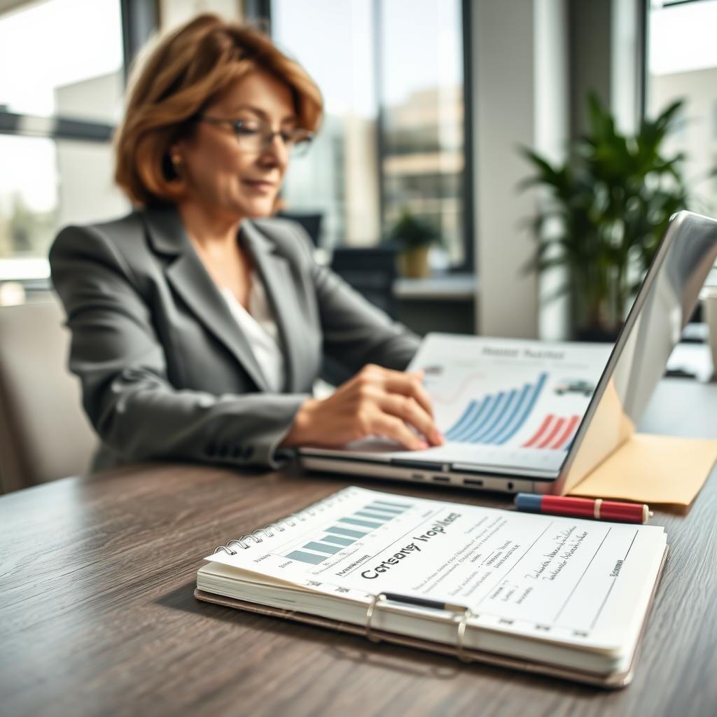 A professional-looking office environment, showcasing a middle-aged woman in business attire reviewing an insurance policy on a laptop at her desk. The foreground includes a close-up of graphs and spreadsheets displaying decreasing car insurance premiums, conveying a sense of positive financial growth. In the middle, a notepad with handwritten notes is beside the laptop, hinting at an annual policy review. The background has a modern office setup with soft, natural lighting streaming in from a large window, casting gentle shadows. The mood is one of optimism and focus, reflecting the proactive approach to saving money on auto insurance. The image should evoke a sense of professionalism and financial savvy without any text or distractions. A professional-looking office environment, showcasing a middle-aged woman in business attire reviewing an insurance policy on a laptop at her desk. The foreground includes a close-up of graphs and spreadsheets displaying decreasing car insurance premiums, conveying a sense of positive financial growth. In the middle, a notepad with handwritten notes is beside the laptop, hinting at an annual policy review. The background has a modern office setup with soft, natural lighting streaming in from a large window, casting gentle shadows. The mood is one of optimism and focus, reflecting the proactive approach to saving money on auto insurance. The image should evoke a sense of professionalism and financial savvy without any text or distractions.