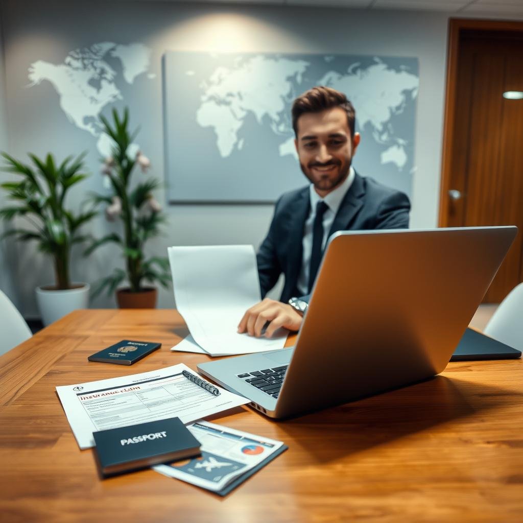 A professional, modern office environment serves as the backdrop, with a polished wooden desk centered in the foreground. On the desk, an open laptop displays an insurance claim form alongside travel documents, including a passport and flight itinerary. A confident individual in smart business attire is seated, carefully reviewing the documents with a focused expression, while a soft light illuminates the scene, creating a warm and inviting atmosphere. In the background, a world map is mounted on the wall, symbolizing global travel, and a plant adds a touch of freshness. The image reflects a sense of diligence and professionalism, highlighting the process of filing an insurance claim with clarity and purpose. The angle captures the desk and individual from slightly above, emphasizing the documents and the act of careful attention. A professional, modern office environment serves as the backdrop, with a polished wooden desk centered in the foreground. On the desk, an open laptop displays an insurance claim form alongside travel documents, including a passport and flight itinerary. A confident individual in smart business attire is seated, carefully reviewing the documents with a focused expression, while a soft light illuminates the scene, creating a warm and inviting atmosphere. In the background, a world map is mounted on the wall, symbolizing global travel, and a plant adds a touch of freshness. The image reflects a sense of diligence and professionalism, highlighting the process of filing an insurance claim with clarity and purpose. The angle captures the desk and individual from slightly above, emphasizing the documents and the act of careful attention.