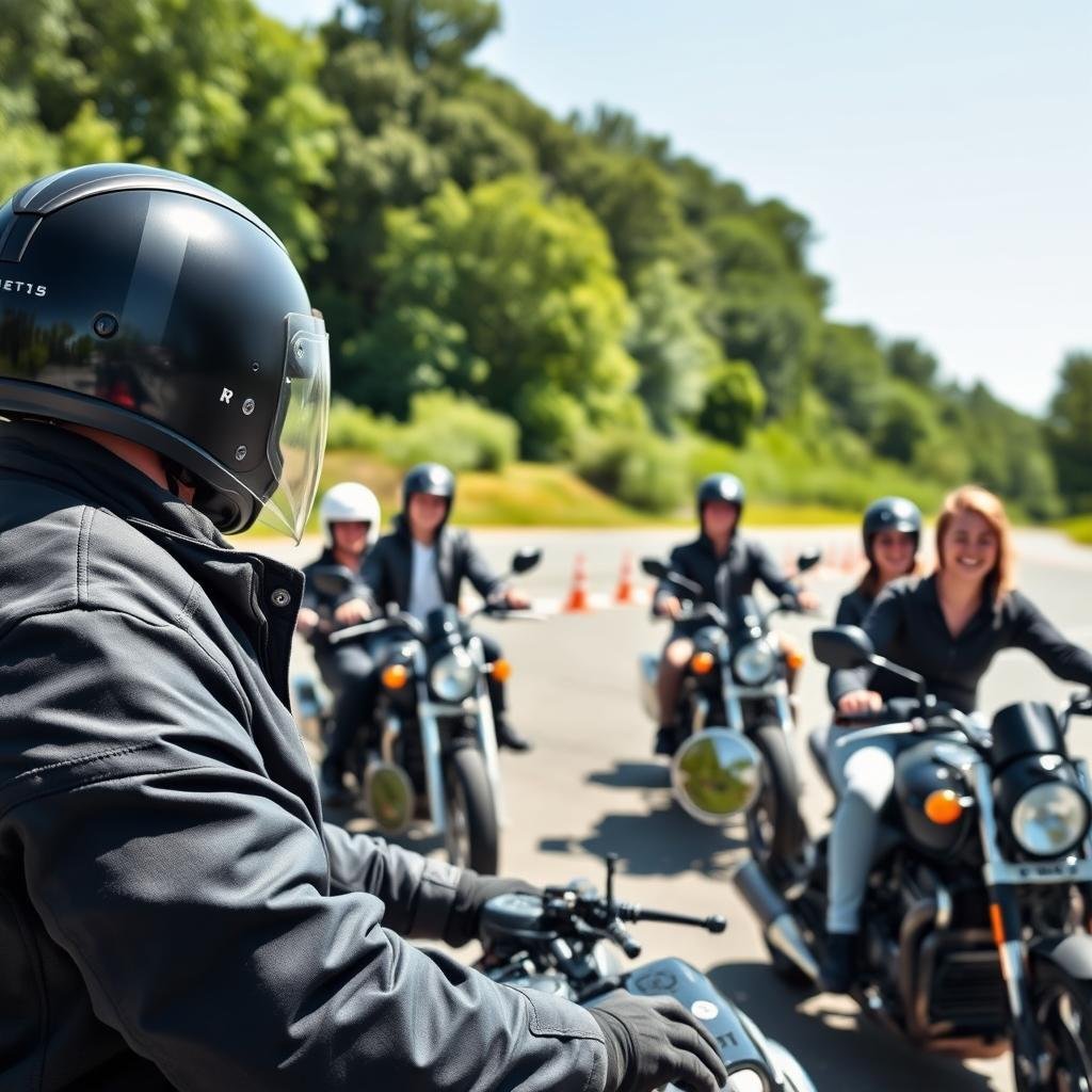A professional motorcycle instructor in a safety course, attentively demonstrating riding techniques on a sunny day. In the foreground, the instructor, wearing a smart black jacket and helmet, is engaging with a small group of well-dressed participants, who are all seated on their motorcycles, ready to learn. The middle ground features a smooth, open training area with marked cones, showcasing the focus on safe riding practices. In the background, lush greenery surrounds the training ground, creating a serene and focused atmosphere. Bright sunlight casts soft shadows, highlighting the joy and determination on the faces of participants. The overall mood is upbeat and encouraging, emphasizing safety and skill development in motorcycle riding. A professional motorcycle instructor in a safety course, attentively demonstrating riding techniques on a sunny day. In the foreground, the instructor, wearing a smart black jacket and helmet, is engaging with a small group of well-dressed participants, who are all seated on their motorcycles, ready to learn. The middle ground features a smooth, open training area with marked cones, showcasing the focus on safe riding practices. In the background, lush greenery surrounds the training ground, creating a serene and focused atmosphere. Bright sunlight casts soft shadows, highlighting the joy and determination on the faces of participants. The overall mood is upbeat and encouraging, emphasizing safety and skill development in motorcycle riding.