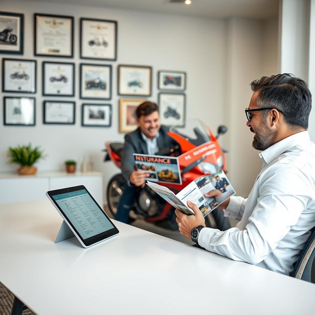 A professional motorcycle insurance agent sits at a sleek modern desk in a well-lit office, reviewing customizable insurance policy options on a digital tablet. The foreground features the agent, dressed in smart casual attire, engaged in discussion with a satisfied motorcycle owner in the middle ground, who is closely examining a colorful brochure showcasing various insurance coverage options. The background reveals a wall adorned with framed certificates and motorcycle-themed artwork, enhancing the professional atmosphere. Soft natural light filters through a large window, creating a welcoming ambiance. The scene conveys a sense of trust, customization, and expertise in motorcycle insurance coverage.