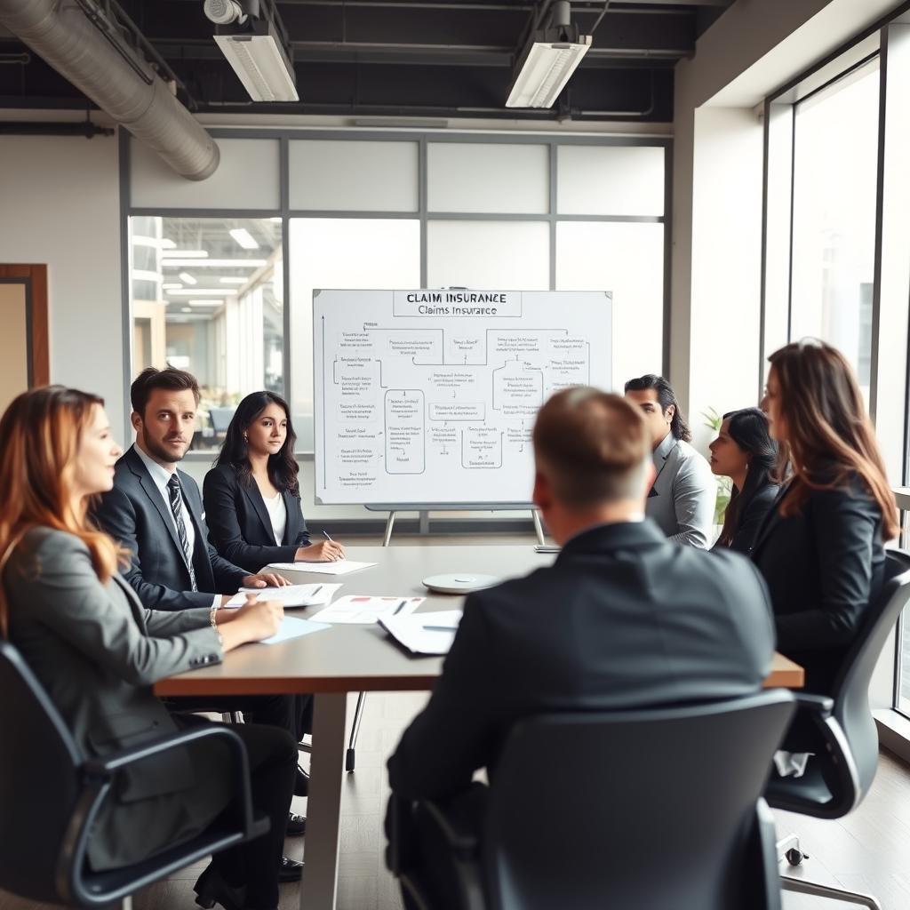 A professional office environment depicting the claims process for umbrella insurance. In the foreground, a diverse group of business professionals in formal attire, with focused expressions, discussing documents around a conference table. In the middle, a large whiteboard displaying flowcharts and key steps of the claims process, emphasizing clarity and organization. In the background, a well-lit modern office space with large windows allowing natural light to illuminate the scene, creating a productive and professional atmosphere. The angle should be slightly elevated to capture the interaction and engagement among the team, fostering a sense of collaboration and determination. The overall mood is serious yet optimistic, reflecting a commitment to providing excellent service during the claims process.