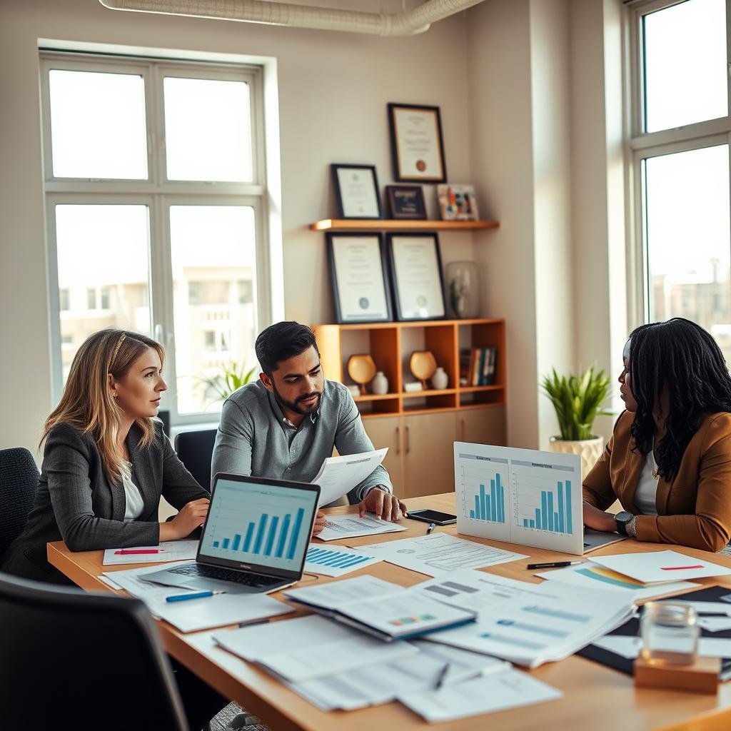 A professional office environment filled with light, portraying the importance of annual reviews for renter's insurance. In the foreground, a diverse group of three individuals—one Caucasian woman, one Hispanic man, and one Black woman—are engaged in a thoughtful discussion around a table cluttered with documents, graphs, and a laptop displaying comparison charts. In the middle ground, shelves lined with awards and certificates symbolize achievement and trust. The background features large windows allowing natural light to flood in, casting soft shadows that create an inviting atmosphere. The mood is collaborative and focused, highlighting the significance of regular assessments in making informed insurance decisions. The image should be captured with a wide-angle lens, emphasizing openness and clarity, with warm lighting to enhance the professional yet approachable environment.
