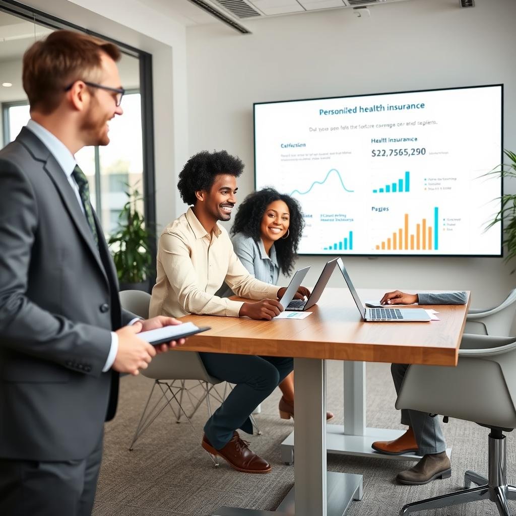 A professional office environment focused on personalized health insurance solutions. In the foreground, a friendly insurance agent, dressed in smart business attire, is discussing tailored health plans with a diverse couple. The couple, appearing engaged and hopeful, is seated at a sleek wooden table with laptops and paperwork. In the middle ground, a large screen displays graphs and statistics related to health insurance options, emphasizing customization. The background features a modern office decor with large windows allowing soft, natural light to fill the room, creating an inviting atmosphere. The overall mood is optimistic and professional, highlighting the importance of personalized coverage steps. Use a soft focus for the background to keep the attention on the interaction. A professional office environment focused on personalized health insurance solutions. In the foreground, a friendly insurance agent, dressed in smart business attire, is discussing tailored health plans with a diverse couple. The couple, appearing engaged and hopeful, is seated at a sleek wooden table with laptops and paperwork. In the middle ground, a large screen displays graphs and statistics related to health insurance options, emphasizing customization. The background features a modern office decor with large windows allowing soft, natural light to fill the room, creating an inviting atmosphere. The overall mood is optimistic and professional, highlighting the importance of personalized coverage steps. Use a soft focus for the background to keep the attention on the interaction.