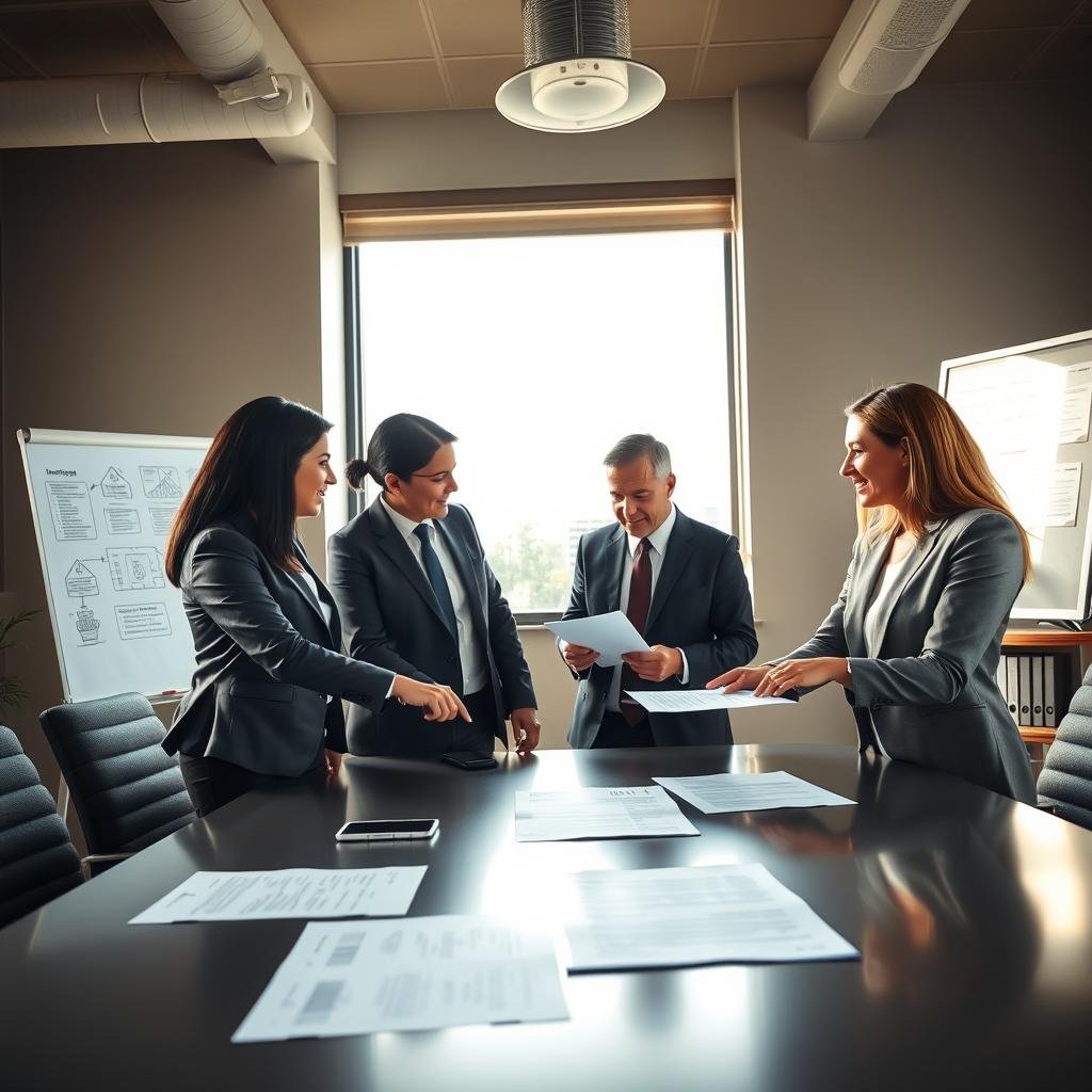 A professional office environment showcasing a business meeting about professional liability insurance and a business owners policy. In the foreground, a diverse group of three business people, dressed in professional business attire, are engaged in discussion, pointing at application forms and policy documents on a sleek conference table. The middle ground features a large window allowing natural light to pour in, enhancing the atmosphere of diligence and focus. The background includes a whiteboard with diagrams illustrating the insurance process and a shelf with neatly arranged business books. The overall mood is one of professionalism and responsibility, with soft, warm lighting and a medium shot perspective that captures the collaborative spirit of the meeting. A professional office environment showcasing a business meeting about professional liability insurance and a business owners policy. In the foreground, a diverse group of three business people, dressed in professional business attire, are engaged in discussion, pointing at application forms and policy documents on a sleek conference table. The middle ground features a large window allowing natural light to pour in, enhancing the atmosphere of diligence and focus. The background includes a whiteboard with diagrams illustrating the insurance process and a shelf with neatly arranged business books. The overall mood is one of professionalism and responsibility, with soft, warm lighting and a medium shot perspective that captures the collaborative spirit of the meeting.