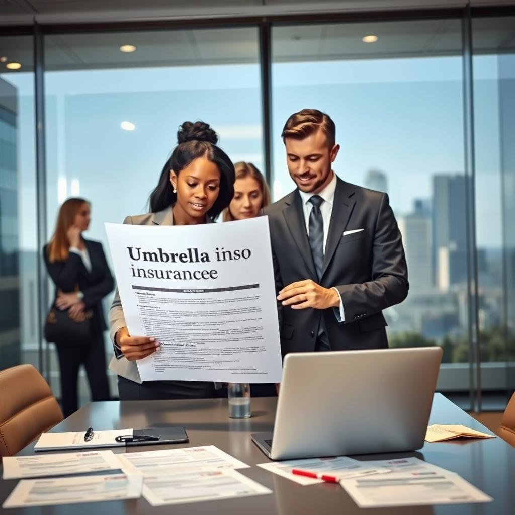 A professional office setting featuring a diverse group of individuals discussing umbrella insurance. In the foreground, two businesspeople, a Black woman in a smart blazer and a Hispanic man in a tailored suit, examine a large document titled "Umbrella Insurance Policy". The middle ground shows a modern conference table with a laptop and financial documents scattered around. In the background, a large window allows soft, natural light to flood the room, illuminating the sleek decor and city skyline outside. The mood is focused and collaborative, capturing a sense of urgency and professionalism as they navigate the steps to obtain comprehensive umbrella insurance. The image should evoke trust and competence while maintaining a clean and organized appearance.