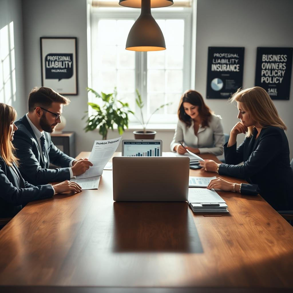 A professional office setting, featuring a large wooden conference table in the foreground, surrounded by business professionals in smart attire, focused on reviewing documents labeled "Professional Liability Insurance" and "Business Owners Policy." In the middle, a modern laptop displays statistics and graphs related to insurance costs. The background shows a window with natural light flooding the room, casting soft shadows and creating a warm, inviting atmosphere. The walls are adorned with motivational business posters and a potted plant adds a touch of greenery. The overall mood should convey seriousness and professionalism, emphasizing the importance of securing business insurance. The image should capture a cozy yet productive work environment, with a slight depth of field to enhance the focus on the professionals and their documents. A professional office setting, featuring a large wooden conference table in the foreground, surrounded by business professionals in smart attire, focused on reviewing documents labeled "Professional Liability Insurance" and "Business Owners Policy." In the middle, a modern laptop displays statistics and graphs related to insurance costs. The background shows a window with natural light flooding the room, casting soft shadows and creating a warm, inviting atmosphere. The walls are adorned with motivational business posters and a potted plant adds a touch of greenery. The overall mood should convey seriousness and professionalism, emphasizing the importance of securing business insurance. The image should capture a cozy yet productive work environment, with a slight depth of field to enhance the focus on the professionals and their documents.
