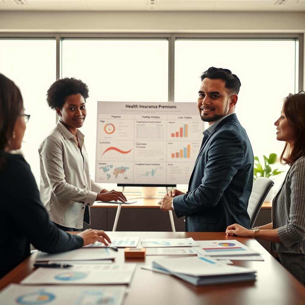 A professional office setting focused on the factors affecting health insurance premiums. In the foreground, a diverse group of three professionals—one Black woman, one Hispanic man, and one Asian woman—are engaged in discussion around a conference table filled with charts and graphs. In the middle, a large display board showcases key factors such as age, health status, location, and lifestyle choices with clear visuals. The background features a large window with bright, natural light illuminating the room, creating a productive atmosphere. The mood is serious yet collaborative, with attentive expressions on the professionals' faces. The scene is captured from a slightly elevated angle, emphasizing teamwork and analysis, using soft lighting for a warm, inviting feel. A professional office setting focused on the factors affecting health insurance premiums. In the foreground, a diverse group of three professionals—one Black woman, one Hispanic man, and one Asian woman—are engaged in discussion around a conference table filled with charts and graphs. In the middle, a large display board showcases key factors such as age, health status, location, and lifestyle choices with clear visuals. The background features a large window with bright, natural light illuminating the room, creating a productive atmosphere. The mood is serious yet collaborative, with attentive expressions on the professionals' faces. The scene is captured from a slightly elevated angle, emphasizing teamwork and analysis, using soft lighting for a warm, inviting feel.