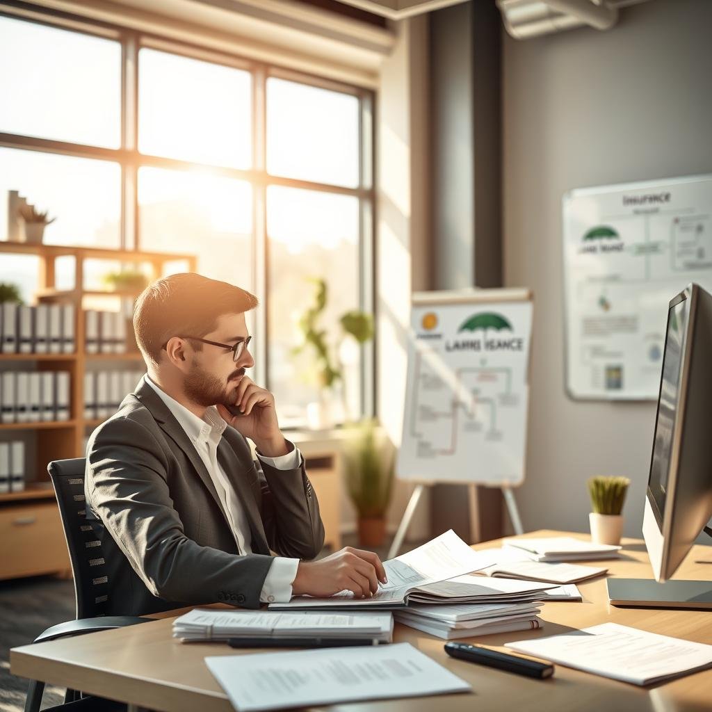 A professional office setting for an umbrella insurance agency, with an emphasis on the process of filing a claim. In the foreground, a business person in professional attire is sitting at a desk, reviewing paperwork and making a phone call. The middle ground features a modern office space with large windows, allowing natural light to pour in, illuminating documents and a computer screen. In the background, soft-focus elements like shelves filled with insurance literature and a whiteboard with flowcharts related to the claims process add context. The atmosphere is one of diligence and professionalism, capturing a moment of focused work amidst a bustling agency environment. The lighting is bright and warm, creating an inviting and productive mood. A professional office setting for an umbrella insurance agency, with an emphasis on the process of filing a claim. In the foreground, a business person in professional attire is sitting at a desk, reviewing paperwork and making a phone call. The middle ground features a modern office space with large windows, allowing natural light to pour in, illuminating documents and a computer screen. In the background, soft-focus elements like shelves filled with insurance literature and a whiteboard with flowcharts related to the claims process add context. The atmosphere is one of diligence and professionalism, capturing a moment of focused work amidst a bustling agency environment. The lighting is bright and warm, creating an inviting and productive mood.