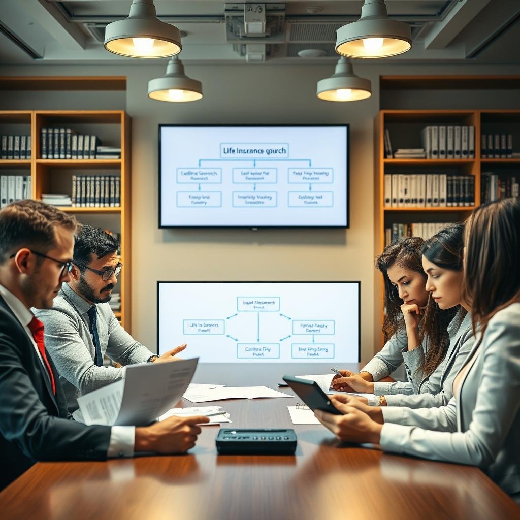 A professional office setting showcasing common mistakes when seeking life insurance quotes. In the foreground, a diverse group of individuals in business attire is gathered around a conference table, looking concerned while reviewing paperwork. One person is pointing at a confusing chart, while another looks puzzled over a calculator. In the middle, a large screen displays a flowchart depicting common pitfalls, with phrases like "Insufficient Research" and "Ignoring Fine Print." The background features shelves filled with finance and insurance books, softly lit by warm overhead lights that create a serious yet collaborative atmosphere. The composition should have a clear focus on the expressions of confusion and realization, captured with a shallow depth of field to highlight the group while softly blurring the background. The overall mood is one of urgency and importance, emphasizing the necessity of careful consideration.