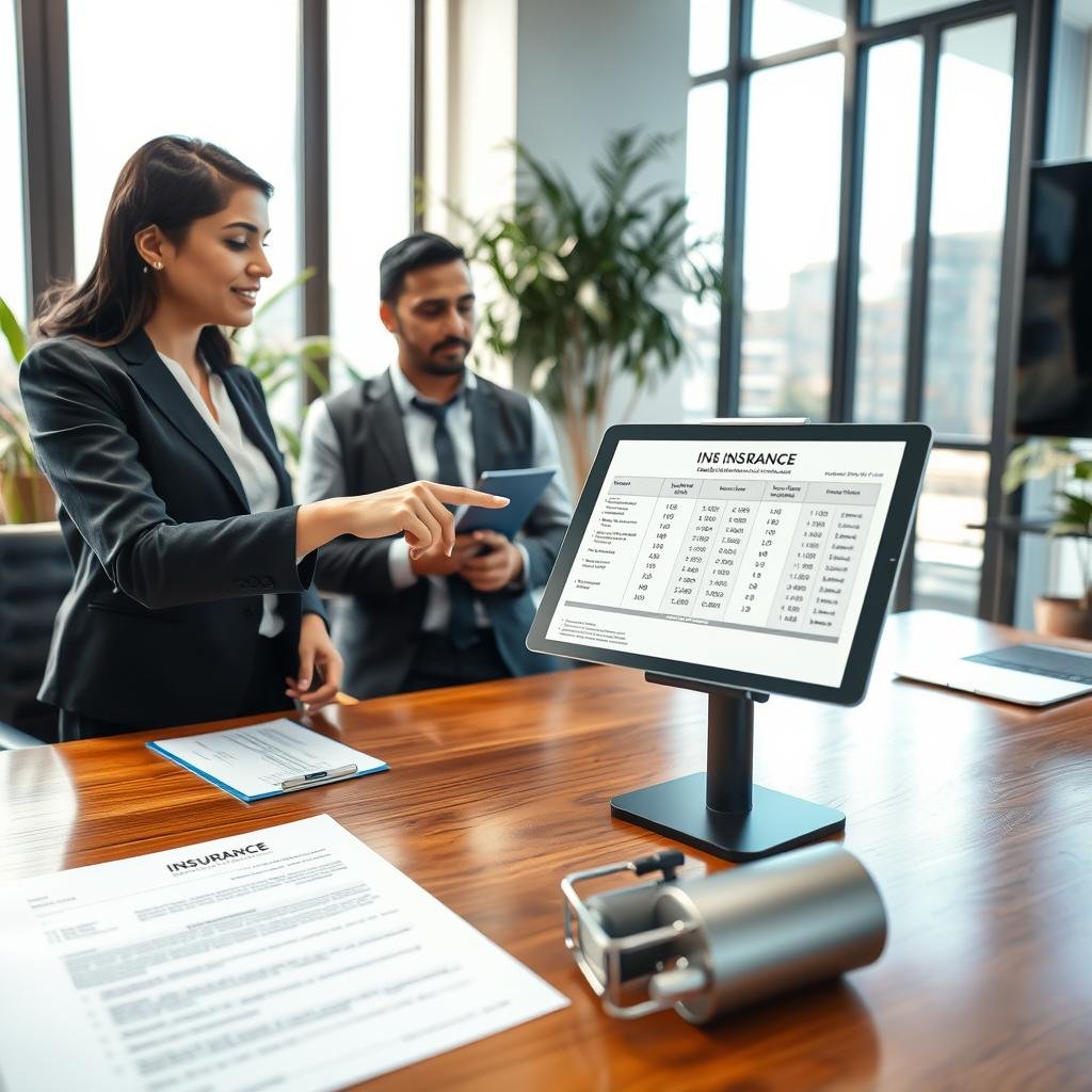 A professional office setting with a business consultant discussing insurance options with a small business owner. In the foreground, the consultant, a South Asian woman in a smart blazer, is pointing to a chart on a tablet, highlighting various coverage limits. In the middle, the owner, a Hispanic man in a neatly pressed shirt, looks focused while taking notes. The background features a bright office with large windows allowing natural light to flood in, plants, and insurance documents scattered on a polished wooden desk. The atmosphere is collaborative and informative, suggesting a friendly yet professional interaction focused on understanding business insurance coverage limits. The image should be well-lit, with a warm tone to evoke a sense of security and trust.
