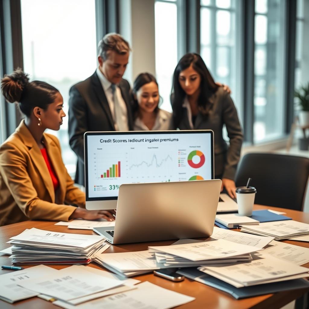 A professional office setting with a focus on a desk cluttered with papers and a computer displaying graphics of fluctuating credit scores and insurance premium rates. In the foreground, a diverse group of three individuals in professional business attire are engaged in discussion, analyzing data on a laptop. In the middle, visual elements such as charts and pie graphs illustrating the relationship between credit scores and premiums can be seen on the computer screen. The background features a modern office with large windows letting in bright, natural light, creating a dynamic and motivated atmosphere. The composition should be shot from a slightly elevated angle to capture both the professionals and the data clearly, emphasizing the importance of understanding credit scores in relation to insurance costs. A professional office setting with a focus on a desk cluttered with papers and a computer displaying graphics of fluctuating credit scores and insurance premium rates. In the foreground, a diverse group of three individuals in professional business attire are engaged in discussion, analyzing data on a laptop. In the middle, visual elements such as charts and pie graphs illustrating the relationship between credit scores and premiums can be seen on the computer screen. The background features a modern office with large windows letting in bright, natural light, creating a dynamic and motivated atmosphere. The composition should be shot from a slightly elevated angle to capture both the professionals and the data clearly, emphasizing the importance of understanding credit scores in relation to insurance costs.
