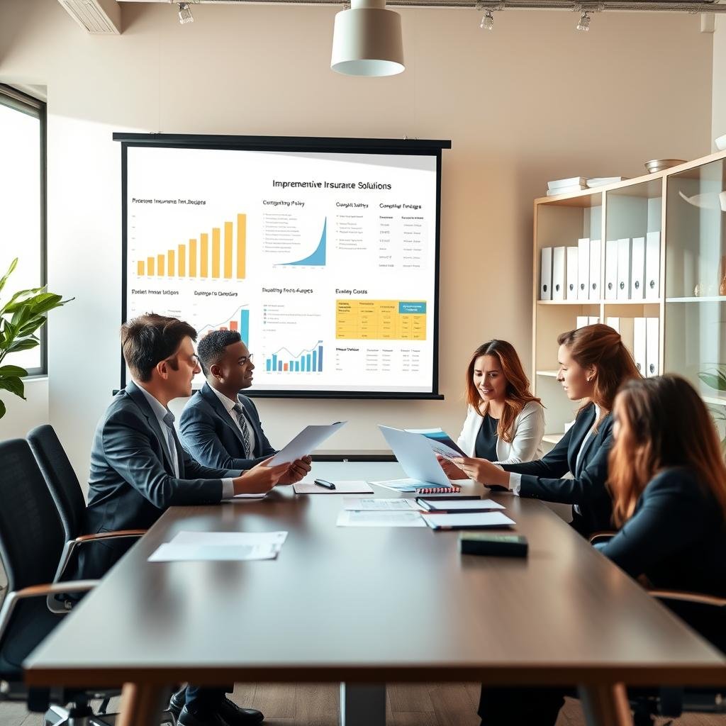A professional office setting with a small business focus. In the foreground, a diverse group of four business people are gathered around a modern conference table, reviewing documents on insurance solutions, all dressed in smart business attire. The middle ground features a large projection screen displaying graphs and charts related to comprehensive insurance packages. The background shows shelves with neatly organized insurance policy folders and a window with natural light streaming in, casting soft shadows. The lighting is warm and inviting, creating a focused and collaborative atmosphere. The angle of the image is slightly elevated, showcasing the engagement among the team members as they discuss the importance of maintaining and updating their insurance package. The overall mood is professional and proactive.