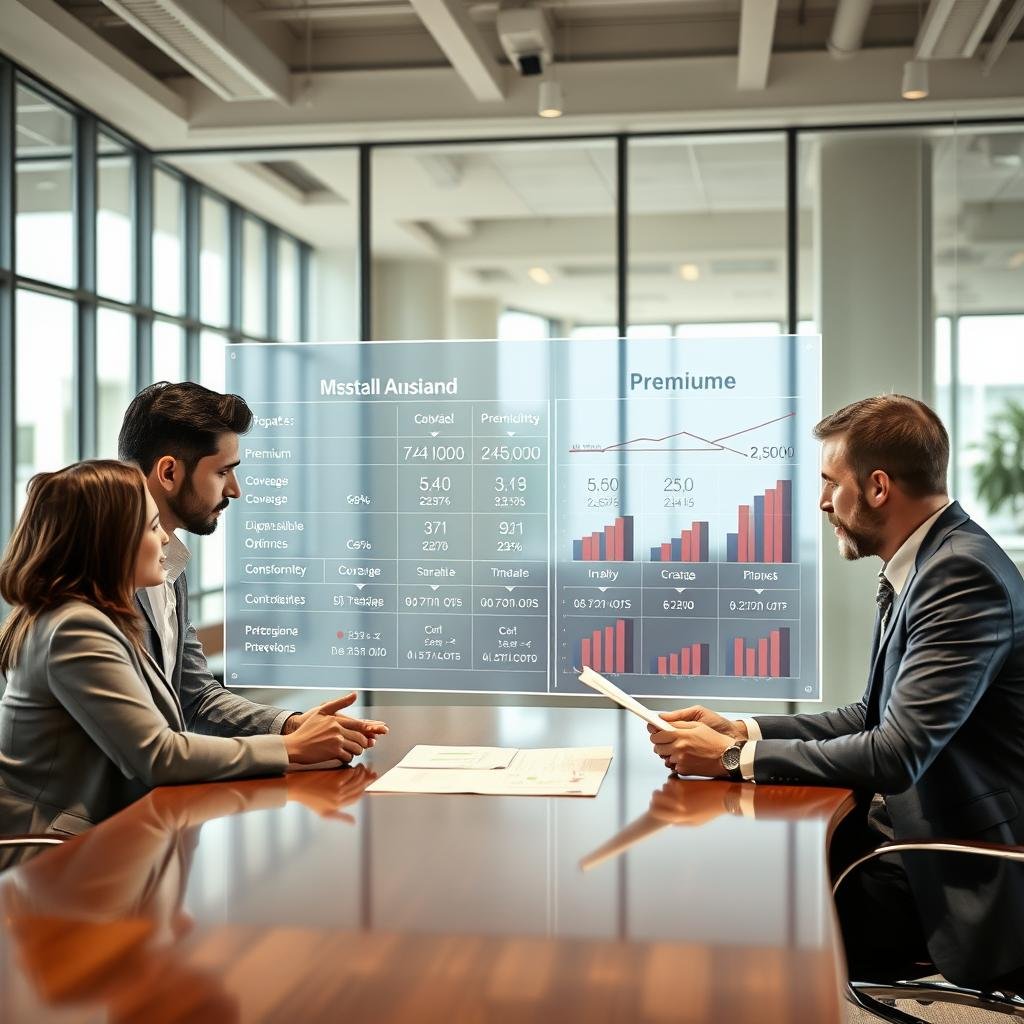 A professional scene illustrating the concept of "Life Insurance Premiums Explained." In the foreground, a diverse group of three individuals in business attire are engaged in a discussion, examining a financial chart displaying life insurance premiums. They are seated around a polished conference table. The middle ground features a large, transparent digital screen showcasing various premium options and graphs, highlighting the differences in coverage and cost. In the background, a modern office environment with large windows allowing natural light to illuminate the space, creating a warm and inviting mood. The scene captures a sense of professionalism and collaboration, focusing on education and clarity regarding life insurance premiums. The image is well-lit, with a dynamic angle that emphasizes both the individuals and the informative digital display.