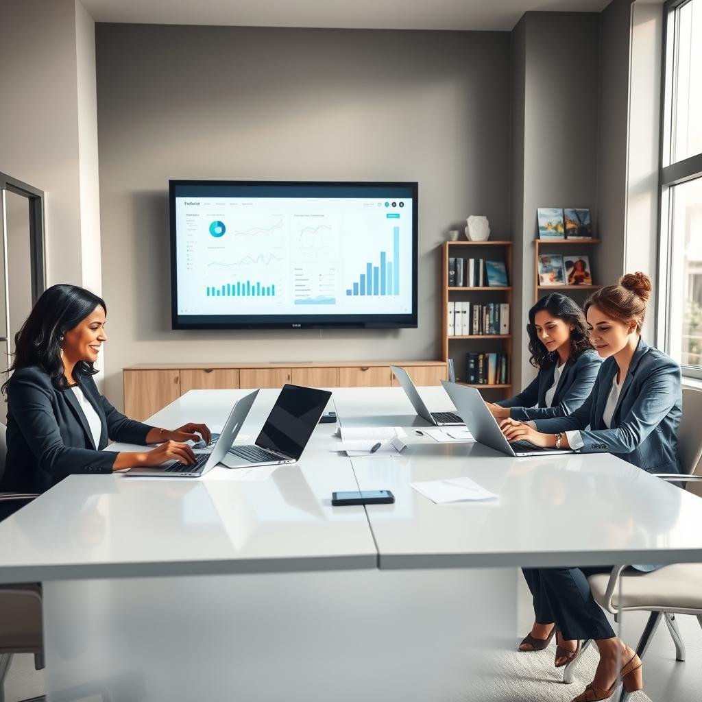 A professional, serene office environment illustrating the concept of efficient travel insurance claims. In the foreground, a diverse group of three individuals, dressed in smart business attire, collaborate at a sleek conference table with laptops open and travel documents spread out. The middle features a large digital screen displaying graphs and charts related to travel insurance claims, symbolizing data management and efficiency. Soft, natural light filters through large windows, creating a calm atmosphere. In the background, a well-organized bookshelf filled with travel brochures and guides suggests a connection to travel. The overall mood is one of clarity, professionalism, and trust, inviting the viewer into a world of streamlined insurance processes.