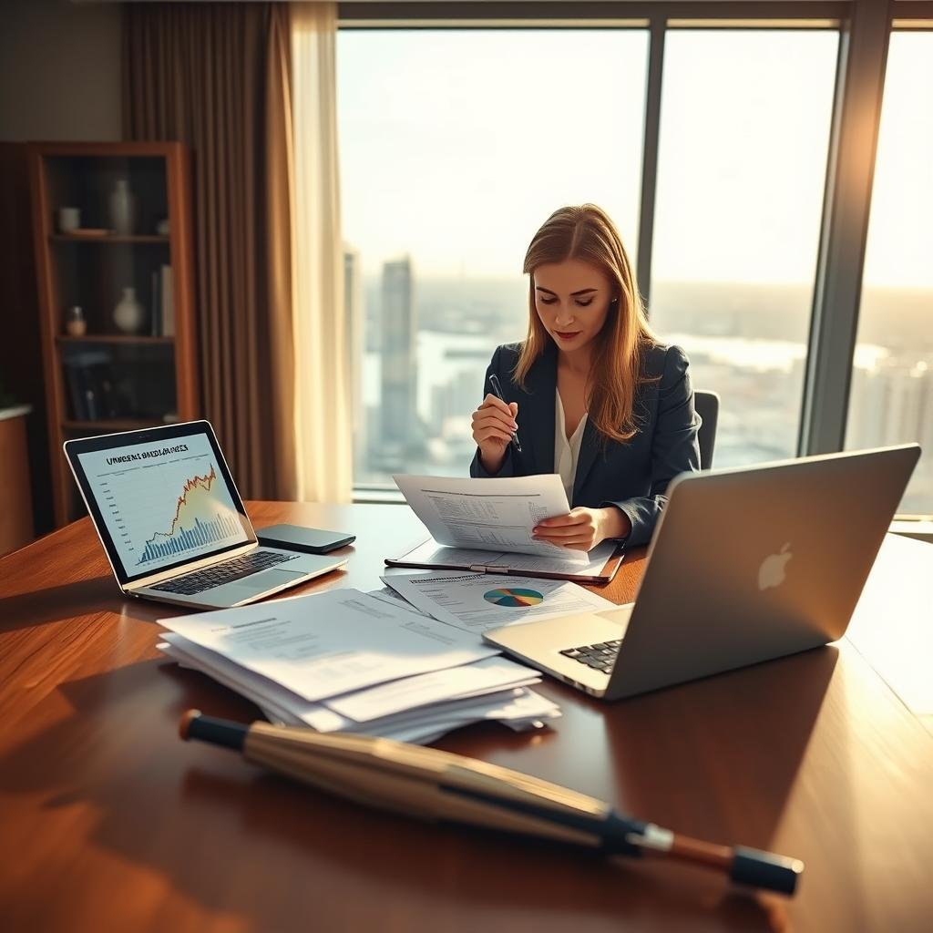 A professional, serene office setting featuring a well-dressed businesswoman reviewing an umbrella insurance policy. In the foreground, a large wooden desk is cluttered with financial documents, a laptop displaying graphs and policy limits, and a stylish umbrella symbolizing protection. In the middle, the woman is focused, taking notes, surrounded by soft lighting that highlights her concentration and the papers' details. A window in the background reveals a tranquil cityscape, suggesting stability and safety. Warm, natural light filters in, creating a calm, informative atmosphere. The overall mood of the scene should convey professionalism, trust, and clarity regarding the importance and benefits of understanding policy limits in umbrella insurance.