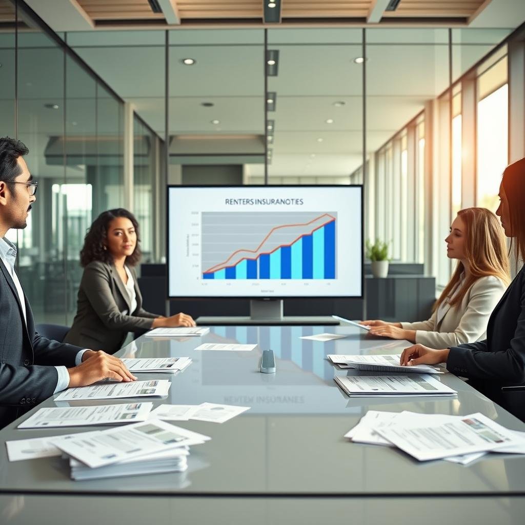 A professional setting depicting a business meeting about renters insurance quotes, with a focus on the impact of credit scores. In the foreground, a diverse group of four individuals in business attire are discussing documents spread across a sleek conference table, showing stacks of insurance quotes. In the middle, a large chart visually representing how credit scores influence insurance rates is displayed on a modern touch screen. The background reveals a stylish office with glass windows, allowing natural light to flood the space, adding a bright and optimistic atmosphere. The scene is captured with a wide-angle lens, enhancing the sense of collaboration and seriousness of the financial topic. The mood is professional yet approachable, emphasizing the importance of making informed decisions about renters insurance.
