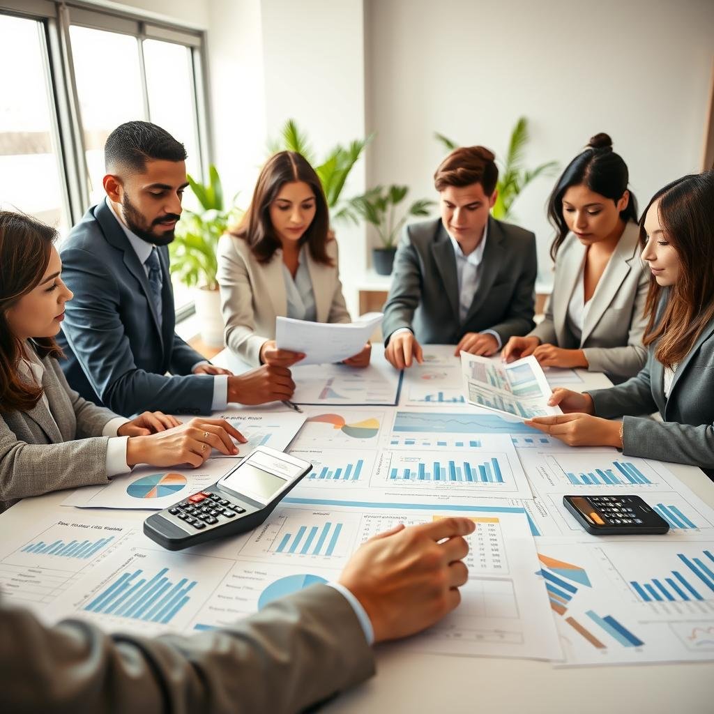 A professional setting depicting a diverse group of individuals in business attire engaging over a large, open table filled with financial documents, graphs, and calculators, symbolizing the discussion of life insurance premiums and benefits. The foreground features a close-up of hands analyzing charts, while in the middle, participants show expressions of understanding and collaboration, pointing at various paperwork. The background includes a large window letting in soft, natural light, highlighting a modern office with plants and neutral color palettes. The atmosphere is one of clarity and professionalism, promoting a sense of trust and mutual respect in financial planning.