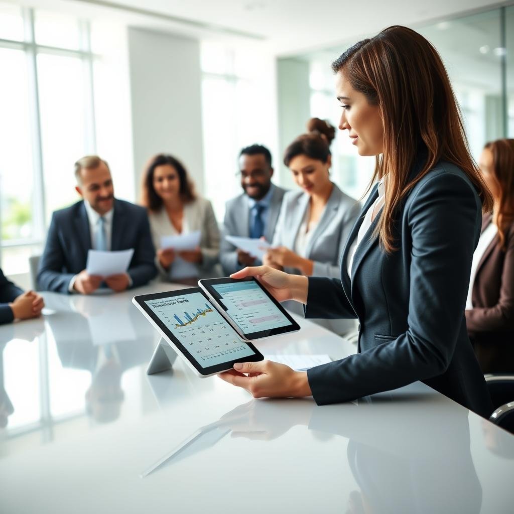 A professional setting depicting a group of diverse individuals discussing health insurance options around a sleek conference table. In the foreground, a woman in a smart business suit is pointing at a digital tablet showing various health plan comparisons, with charts and graphs visible. The middle ground features a diverse group of men and women, also in professional attire, actively engaged in discussion and taking notes. The background has a modern office with large windows allowing natural light to stream in, creating an optimistic atmosphere. The overall mood should feel collaborative and informative, highlighting the importance of choosing the right health insurance plan. The composition is well-lit, capturing the focus on the digital tablet with a slightly blurred background for depth. A professional setting depicting a group of diverse individuals discussing health insurance options around a sleek conference table. In the foreground, a woman in a smart business suit is pointing at a digital tablet showing various health plan comparisons, with charts and graphs visible. The middle ground features a diverse group of men and women, also in professional attire, actively engaged in discussion and taking notes. The background has a modern office with large windows allowing natural light to stream in, creating an optimistic atmosphere. The overall mood should feel collaborative and informative, highlighting the importance of choosing the right health insurance plan. The composition is well-lit, capturing the focus on the digital tablet with a slightly blurred background for depth.