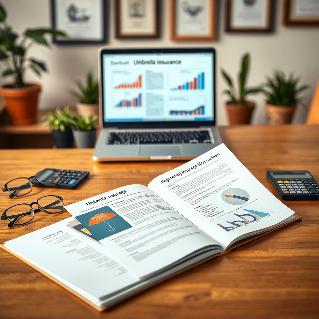 A professional setting depicting a supplementary coverage plan for insurance. In the foreground, a neatly arranged wooden desk displays an open elegant folder containing a colorful brochure detailing the features of umbrella insurance. To the side, a pair of professional business glasses and a calculator are positioned for effect. In the middle ground, a sleek laptop showcases graphs and financial data related to risk management. The background features soft-focus office decor with potted plants and framed certificates, conveying a sense of professionalism. The lighting is warm, highlighting the brochure's vibrant colors while casting gentle shadows for depth. The mood is informative yet welcoming, emphasizing the importance of understanding supplementary coverage in an engaging manner, with no people in the scene.