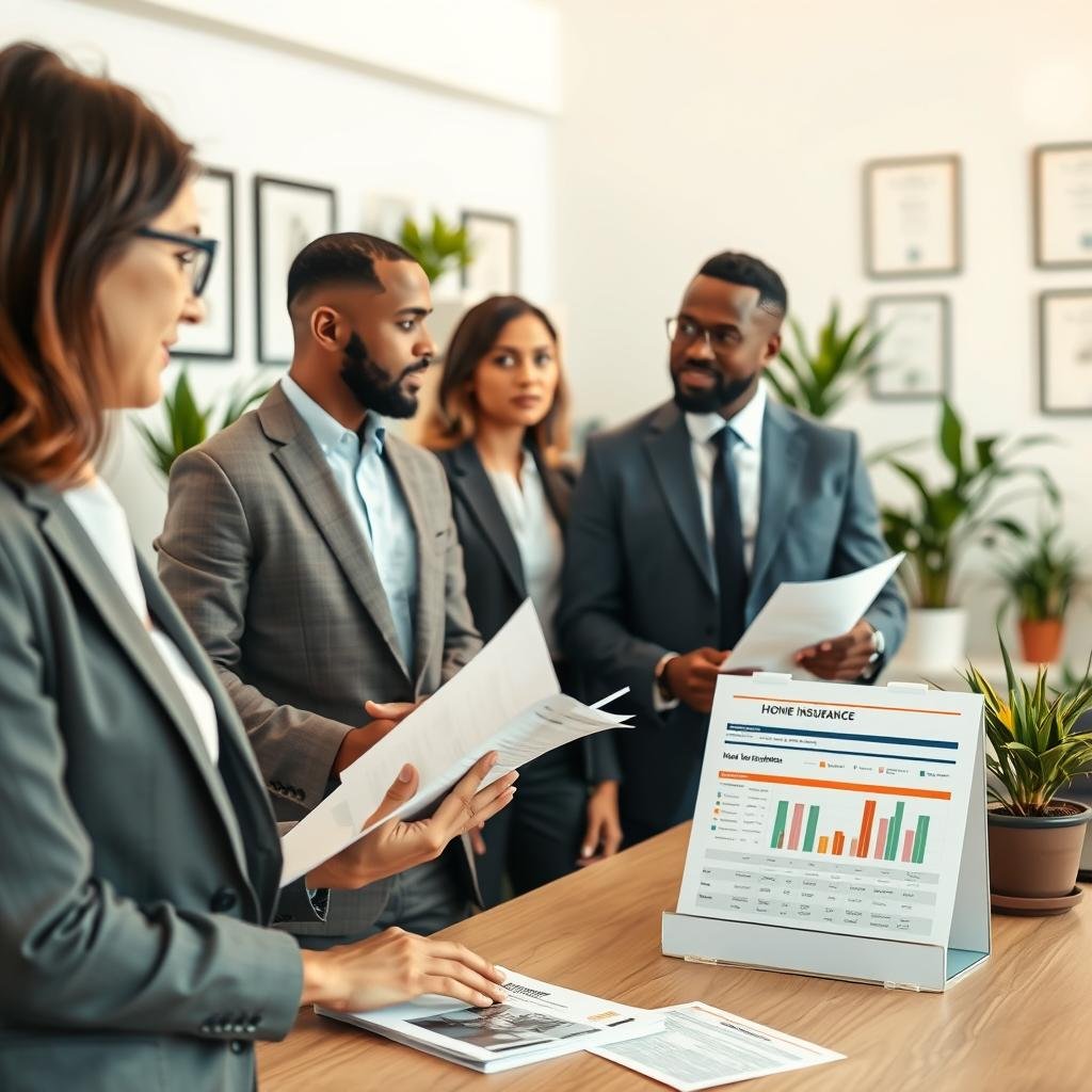 A professional setting featuring a group of diverse individuals in business attire, discussing home insurance options. In the foreground, a Caucasian woman with glasses and a Black man, both holding documents, are engaged in a conversation. The middle ground shows a table with brochures and charts about home insurance discounts prominently displayed. In the background, there is a bright, well-lit office space with potted plants and framed certificates on the walls, conveying a sense of reliability and professionalism. Soft, warm lighting creates an inviting atmosphere, focusing the viewer's attention on the individuals and their engaging discussion. The composition is balanced with a clear depth of field, enhancing the professional mood of the scene.