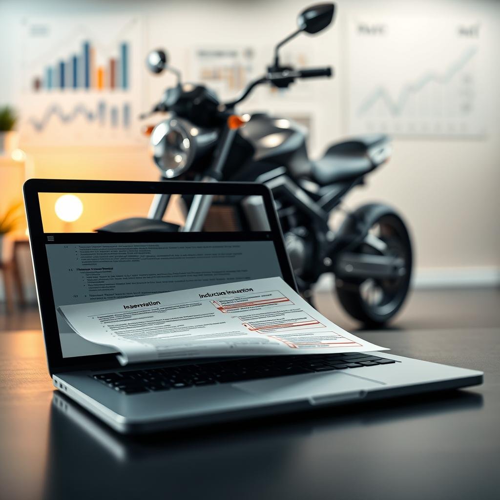 A professional setting illustrating the concept of motorcycle insurance policy exclusions. In the foreground, a detailed laptop displaying an open insurance document with highlighted sections, some crossed out, symbolizing exclusions. In the middle, a sleek, modern motorcycle parked beside the laptop, gleaming under warm studio lighting. The background features a blurred office environment with abstract elements like charts and graphs, conveying a sense of analysis and professionalism. The lighting is soft yet bright, creating an inviting atmosphere. The angle of the camera is slightly above eye level, focusing on the laptop and motorcycle, evoking a sense of importance regarding the subject matter. No human subjects are present.