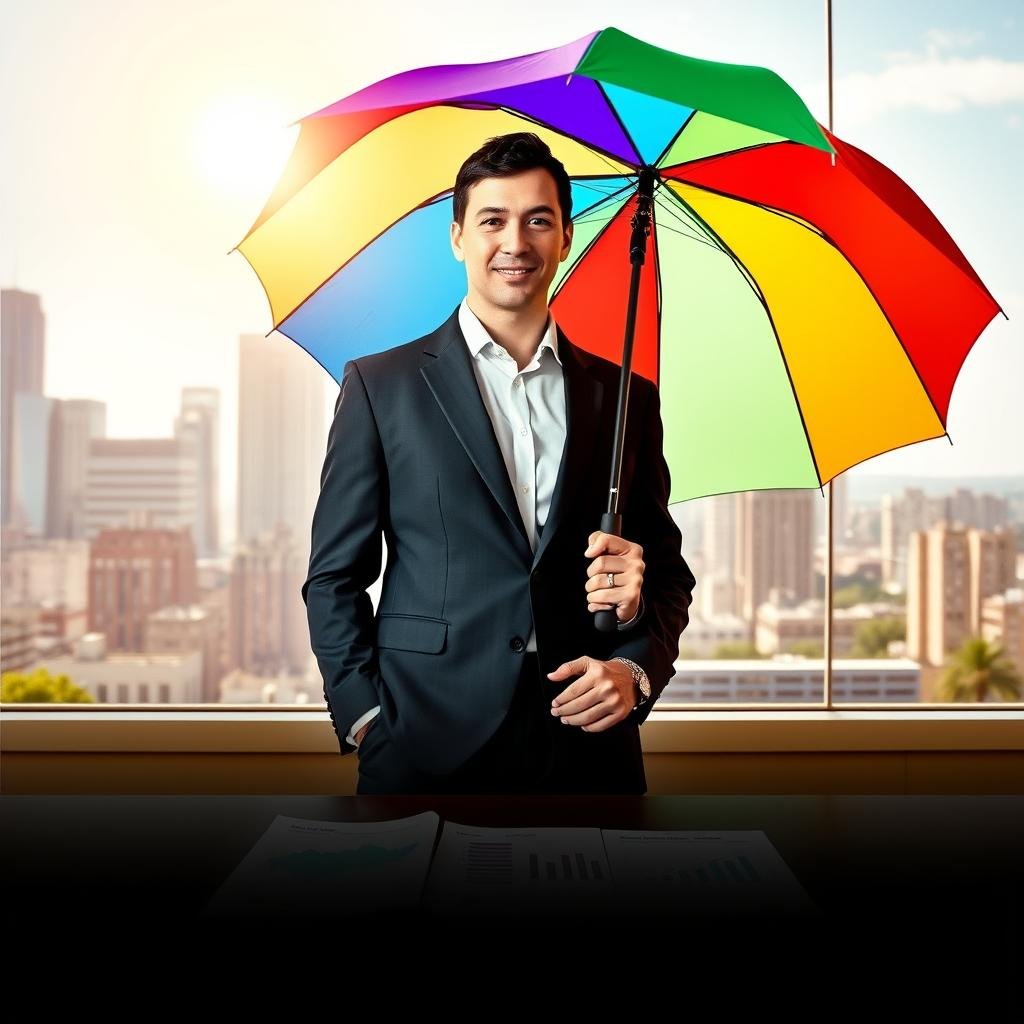 A professional setting showcasing the benefits of umbrella insurance in a clear and visually engaging way. In the foreground, a confident business professional in business attire is holding a large, colorful umbrella, symbolizing protection. The middle ground features a table with case study documents and charts illustrating financial security, subtly highlighting real-life benefits. In the background, a bright, sunny city skyline represents growth and prosperity, suggesting the positive outcomes of having umbrella insurance. Warm sunlight filters through the umbrella, creating a feeling of safety and assurance. The scene should convey an optimistic and professional atmosphere, emphasizing the protective nature of umbrella insurance with a focus on clarity and effectiveness.