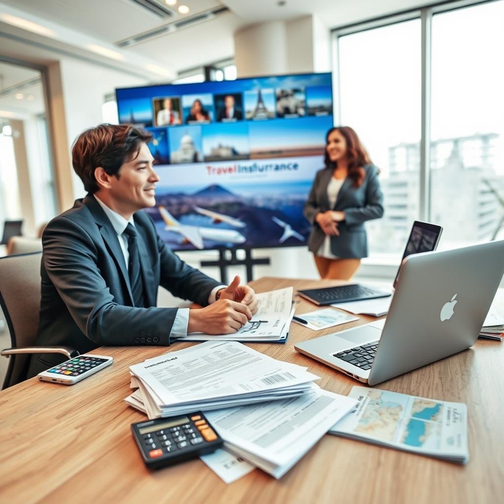 A professional travel insurance advisor in business attire, sitting at a modern desk cluttered with travel brochures and a laptop, discussing coverage options with a couple dressed in casual travel wear. The foreground features a close-up of insurance policy documents and a calculator. In the middle, the couple is attentively listening, with an interactive display showing various travel destinations in the background. A bright, airy office space with natural light filtering through large windows creates a welcoming atmosphere. The scene conveys a sense of security and professionalism, emphasizing the importance of making informed decisions when purchasing travel insurance. The camera angle is slightly elevated, providing a clear view of the interaction while maintaining a warm, inviting mood. A professional travel insurance advisor in business attire, sitting at a modern desk cluttered with travel brochures and a laptop, discussing coverage options with a couple dressed in casual travel wear. The foreground features a close-up of insurance policy documents and a calculator. In the middle, the couple is attentively listening, with an interactive display showing various travel destinations in the background. A bright, airy office space with natural light filtering through large windows creates a welcoming atmosphere. The scene conveys a sense of security and professionalism, emphasizing the importance of making informed decisions when purchasing travel insurance. The camera angle is slightly elevated, providing a clear view of the interaction while maintaining a warm, inviting mood.
