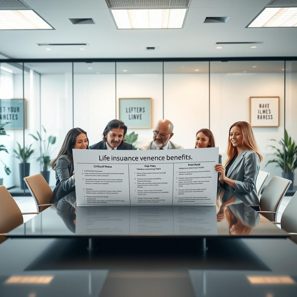 A professional workspace setting that conveys the concept of life insurance benefits. In the foreground, a diverse group of people in professional business attire are gathered around a sleek conference table, examining a large document that outlines various life insurance riders, such as critical illness or accidental death. In the middle ground, a large window lets in warm, natural light, illuminating the room with a welcoming atmosphere. The background features a modern office environment with glass partitions, displaying plants and motivational artwork. The scene captures a sense of collaboration and informed discussion, emphasizing the importance of understanding life insurance riders in maximizing savings. The mood is optimistic and professional, with a focus on teamwork and financial empowerment.