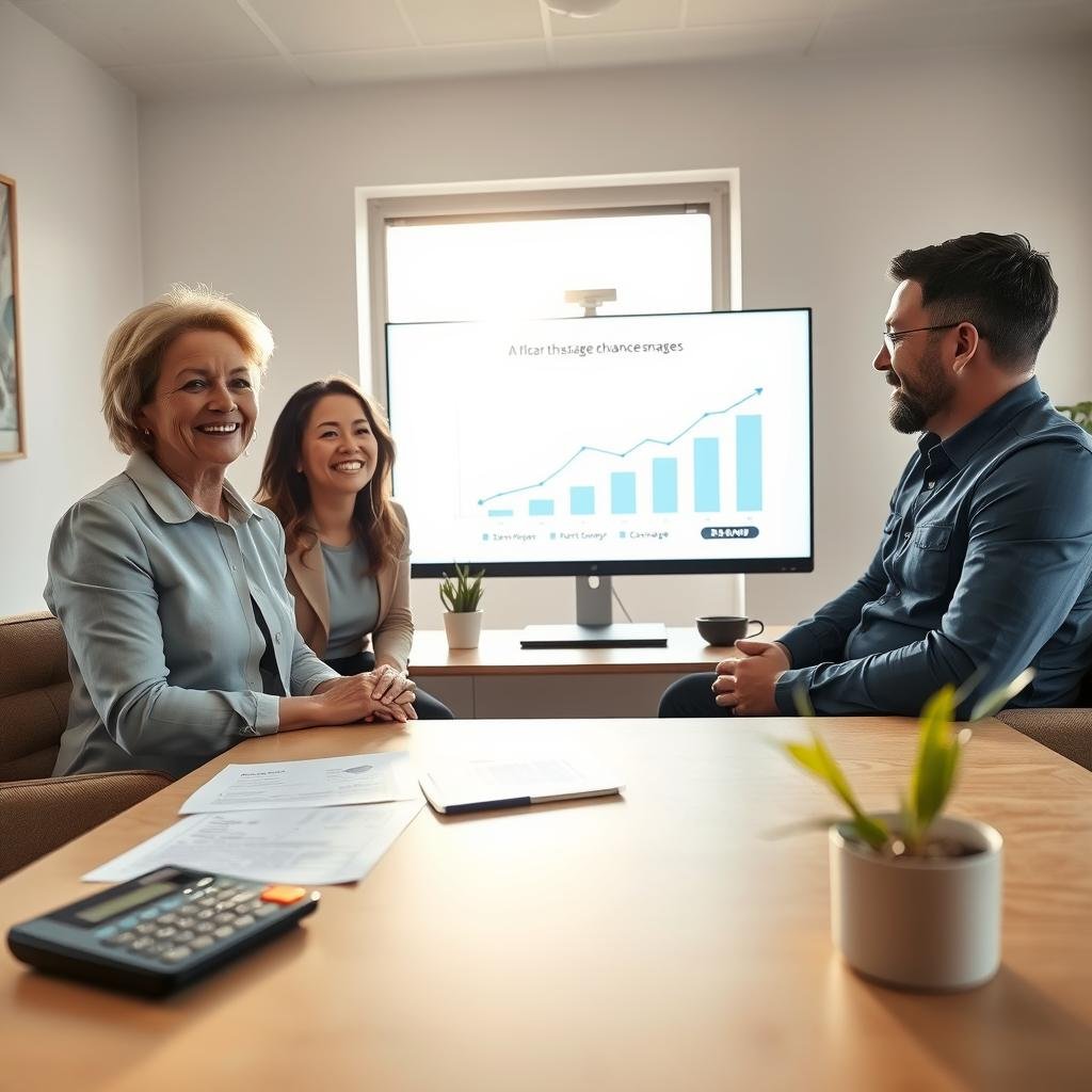 A serene and inviting office environment showcasing a professional insurance agent, a middle-aged woman in professional attire, consulting with a couple looking relieved and happy. The foreground features a table with paperwork and a calculator, symbolizing affordability and transparency in vehicle insurance rates. In the middle, a large computer screen displays a graph representing savings over time, underscoring the benefits of continuous coverage. The background includes a bright window with a view of a sunny day, conveying optimism and security. Soft, natural lighting bathes the scene, enhancing the warm and welcoming atmosphere while keeping the focus on the consultation, and suggesting trust and collaboration in finding affordable vehicle insurance.