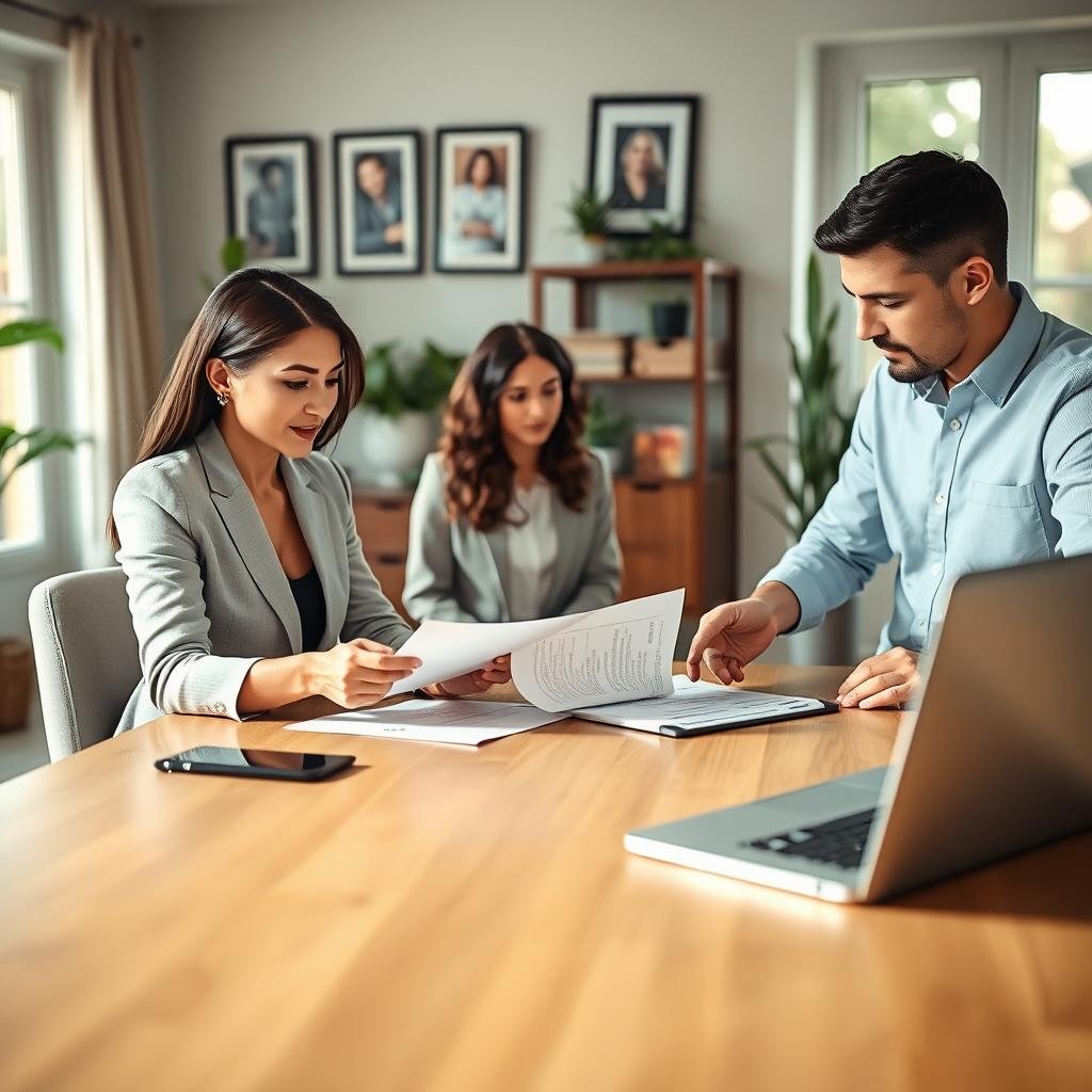 A serene and professional home office setting, where a diverse group of individuals are engaged in a policy review meeting around a sleek wooden table. In the foreground, a woman in a smart business attire is analyzing paperwork, her expression focused and thoughtful. To the right, a man in a tidy casual shirt gestures towards a laptop displaying comprehensive insurance coverage details. In the background, soft natural light pours in through large windows, illuminating framed family photos and plants, creating a warm and inviting atmosphere. The overall mood conveys professionalism and the importance of thorough examination for peace of mind in home insurance. The scene is photographed with a shallow depth of field, creating an intimate and engaging focus on the participants’ interactions.