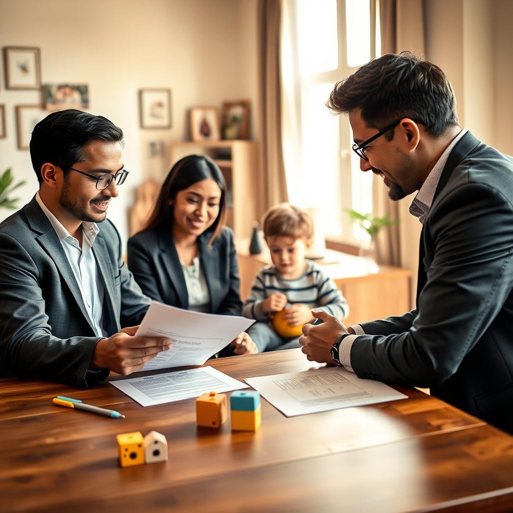 A serene family scene in a cozy living room, emphasizing trust and security. In the foreground, a diverse couple dressed in professional business attire sits at a wooden table, reviewing insurance documents with a financial advisor, who appears approachable and knowledgeable. The middle ground features a youthful child playing with educational toys, symbolizing their future. The background is softly lit with warm, natural sunlight streaming through a window, casting gentle shadows. Decorative elements, like family photos and plants, enhance the homey atmosphere. The overall mood is one of reassurance, stability, and hope for a secure financial future. Use a 35mm lens for a warm, inviting perspective, focusing on facial expressions and the tangible documents.