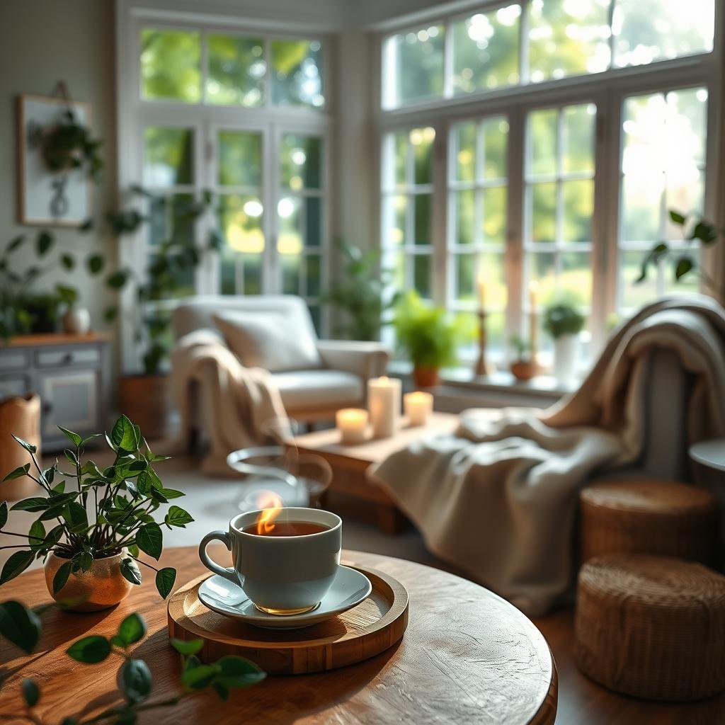 A serene home environment depicting "peace of mind." In the foreground, a small wooden table adorned with a steaming cup of herbal tea, surrounded by plants, symbolizing tranquility. In the middle, a cozy living room featuring a comfortable armchair, soft throws, and softly glowing candles, suggesting warmth and comfort. In the background, large windows reveal a gentle garden view with sunlight filtering through the leaves, creating a dappled light effect. The atmosphere is calm, with soft, natural lighting and a warm color palette of greens and earth tones. The lens captures a slightly elevated angle to encapsulate both the inviting interior and the peaceful outdoors, evoking a sense of security and contentment.