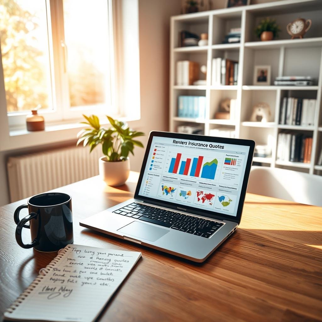 A serene home office setting filled with natural light filtering through a large window, creating a warm and inviting atmosphere. In the foreground, a laptop is open on a sleek wooden desk showcasing a detailed digital chart displaying various renters insurance quotes, illustrated with colorful graphics. Beside the laptop, a notepad filled with handwritten tips for saving on insurance, and a stylish coffee mug. In the middle ground, a potted plant adds a touch of greenery. The background features a neatly organized bookshelf with insurance-related books and decorations. The scene is captured from a slight overhead angle, emphasizing clarity and focus on the office setup, exuding professionalism and tranquility, evoking a sense of security and financial wisdom.