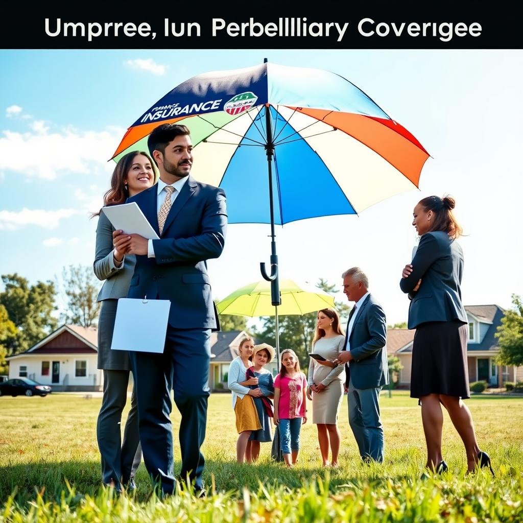 A serene landscape showcasing the benefits of umbrella liability coverage, with various elements representing protection and security. In the foreground, a confident professional couple in business attire discusses insurance documents beside a large, colorful umbrella symbolizing comprehensive coverage. In the middle, a diverse group of individuals—including a family and a business owner—interacts under the umbrella, emphasizing community safety and risk management. The background features a peaceful neighborhood with houses and trees, under a clear blue sky, bathed in warm sunlight that evokes a sense of safety and tranquility. The scene should use a slightly elevated camera angle to encompass all subjects, providing a sense of inclusivity and assurance in the coverage offered by umbrella insurance. A serene landscape showcasing the benefits of umbrella liability coverage, with various elements representing protection and security. In the foreground, a confident professional couple in business attire discusses insurance documents beside a large, colorful umbrella symbolizing comprehensive coverage. In the middle, a diverse group of individuals—including a family and a business owner—interacts under the umbrella, emphasizing community safety and risk management. The background features a peaceful neighborhood with houses and trees, under a clear blue sky, bathed in warm sunlight that evokes a sense of safety and tranquility. The scene should use a slightly elevated camera angle to encompass all subjects, providing a sense of inclusivity and assurance in the coverage offered by umbrella insurance.