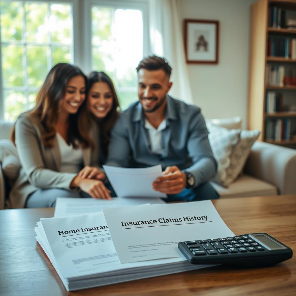 A serene living room scene bathed in soft, natural light, showcasing a professional-looking couple seated at a table, reviewing home insurance paperwork. The foreground features a neatly arranged stack of documents labeled "Insurance Claims History," alongside a calculator. In the middle, a cozy couch adorned with cushions creates an inviting atmosphere, with a window showing a bright garden outside. The background includes tasteful shelves filled with books about finance and homeownership. The mood is one of optimism and financial responsibility, emphasizing the theme of achieving lower home insurance premiums through prudent management of claims history. The image should be captured from a slightly elevated angle, using a soft focus lens to create a warm and welcoming ambiance.