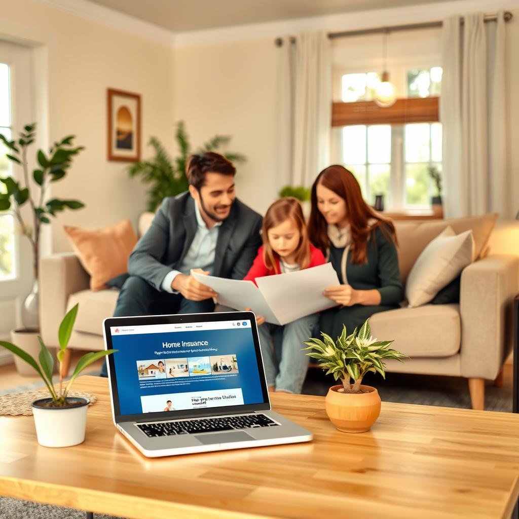 A serene living room that symbolizes home insurance coverage, featuring a cozy environment with a well-maintained home setting. In the foreground, a family gathered around a coffee table, reviewing documents about their home insurance policy, dressed in smart casual attire. The middle ground includes an open laptop displaying a home insurance website, and a potted plant to add a touch of warmth. The background shows a well-decorated interior with inviting colors and soft, natural light coming through the windows, creating a welcoming atmosphere. Capture the scene from a slightly elevated angle to emphasize the family's engagement and the comforting home environment, evoking a sense of protection and security associated with assessing home insurance.