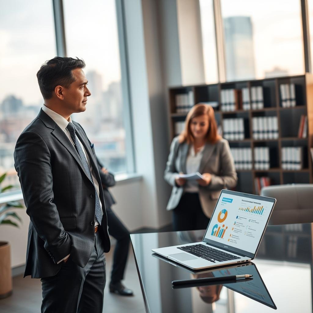 A serene office environment depicting a professional insurance agent discussing umbrella insurance coverage with a client. The foreground features a well-dressed agent in a tailored suit, standing confidently by a sleek desk with an open laptop displaying charts and infographics about insurance costs. The middle ground showcases a client, wearing smart casual attire, attentively listening while taking notes, emphasizing the importance of understanding factors influencing insurance rates. In the background, a large window allows natural light to flood the space, illuminating cityscape views, symbolizing security and protection. Soft, ambient lighting creates a calm, professional atmosphere, while a blurred bookshelf filled with insurance literature adds depth to the scene, enhancing the focus on the conversation.