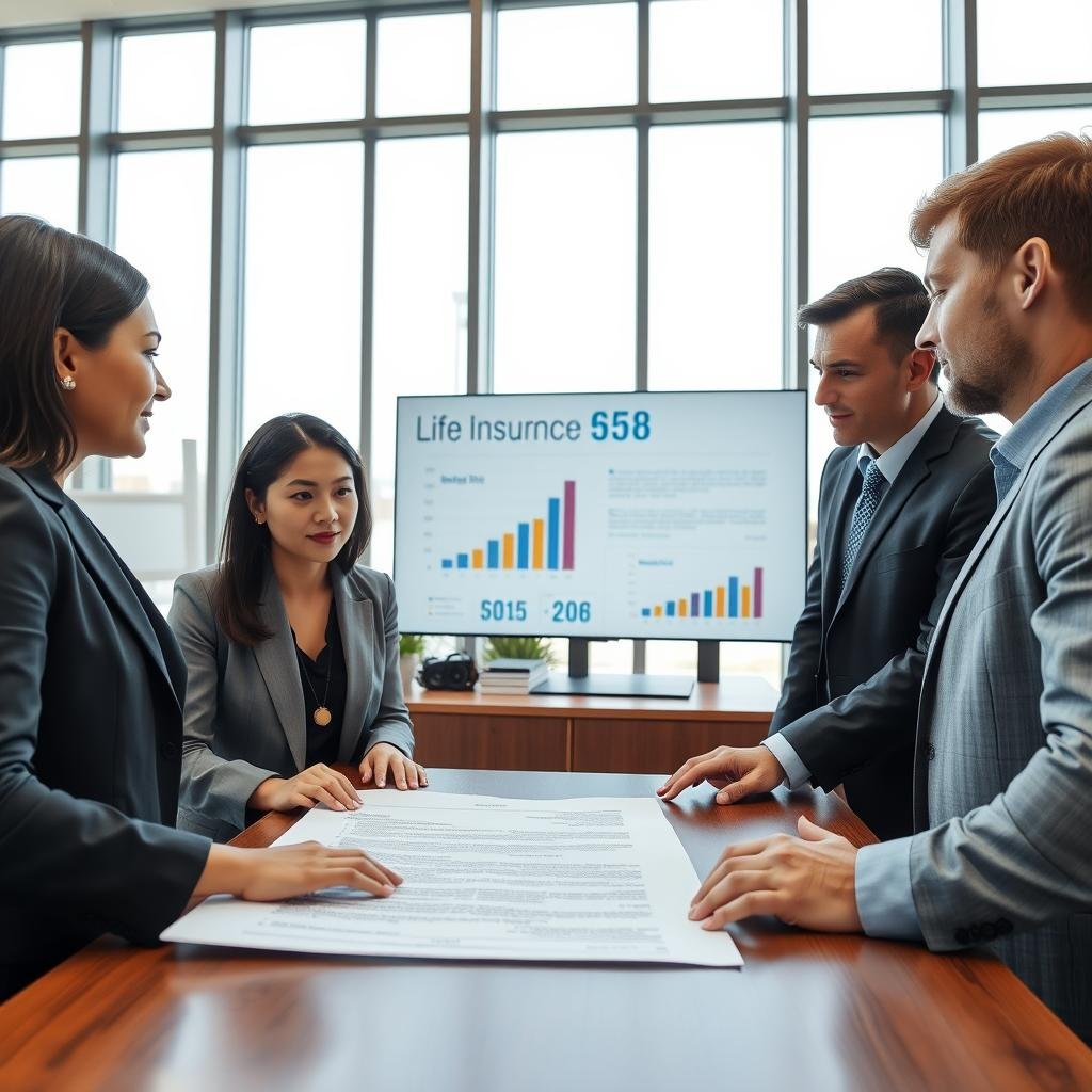 A serene office environment illustrating the concept of understanding life insurance coverage. In the foreground, a diverse group of three professionals in smart business attire—one woman of Asian descent and two men, one Black and one Caucasian—are engaged in a discussion, gesturing towards a large, detailed insurance policy document on the table. In the middle ground, there are charts and graphs on a digital screen displaying life insurance information. The background features tall windows allowing soft natural light to filter in, creating a bright and inviting atmosphere. The mood should be one of focus and professionalism, symbolizing clarity in understanding complex policy details. The angle is slightly elevated, providing a comprehensive view of the scene, emphasizing collaboration and knowledge sharing.