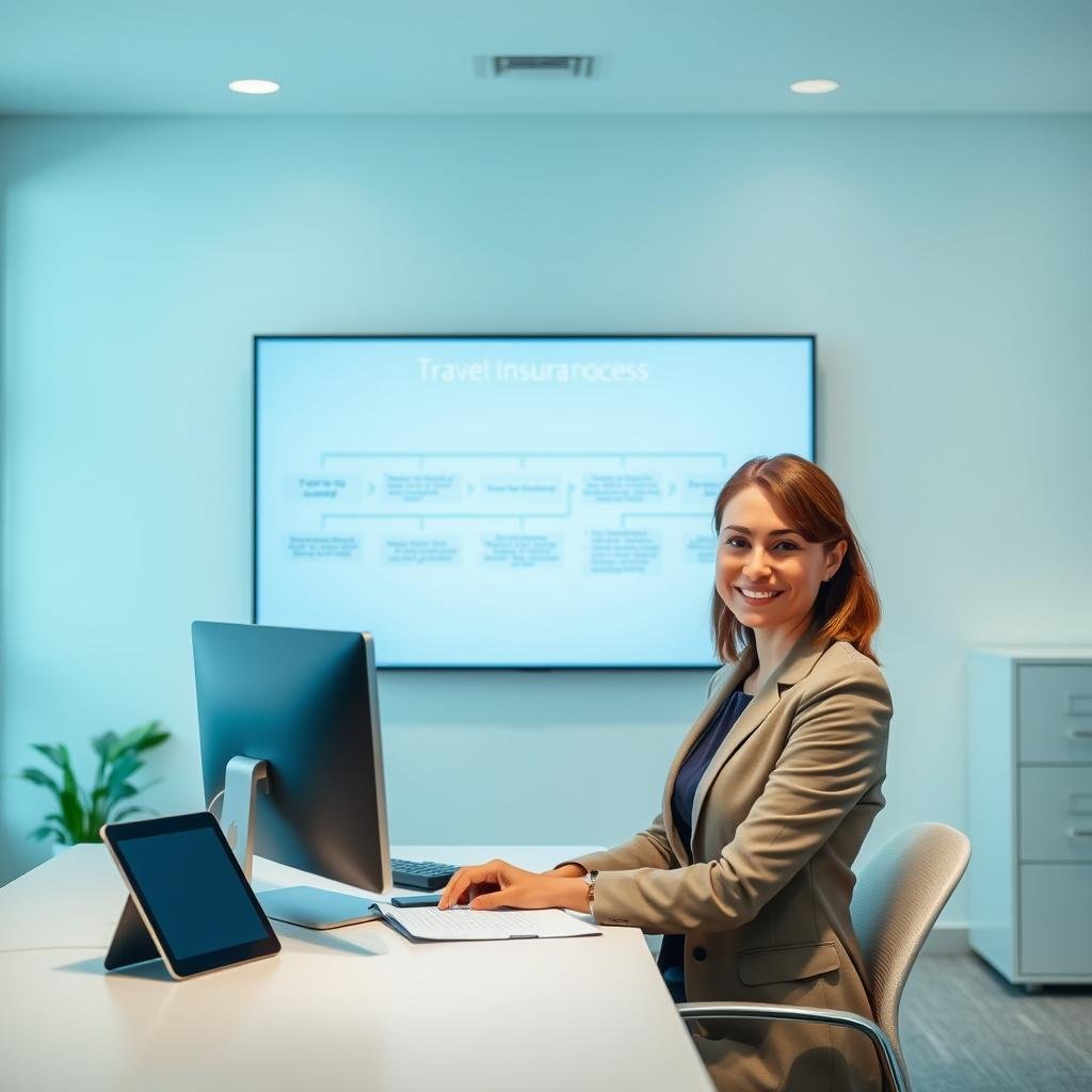 A serene office environment showcasing a smooth travel insurance claims process. In the foreground, a confident businesswoman in professional attire is sitting at her desk, smiling as she reviews documents on her computer. In the middle, a clear workflow chart illustrating steps in the claims process is displayed on a large screen, with icons symbolizing simplicity and efficiency. The background features calming blue and green tones, with soft lighting that creates a welcoming atmosphere. The office is equipped with modern technology, like a digital tablet and a filing cabinet, emphasizing a sense of organization. The overall mood is encouraging and reassuring, portraying ease and professionalism in handling travel insurance claims. The image should convey clarity, trust, and satisfaction without any text or distractions.