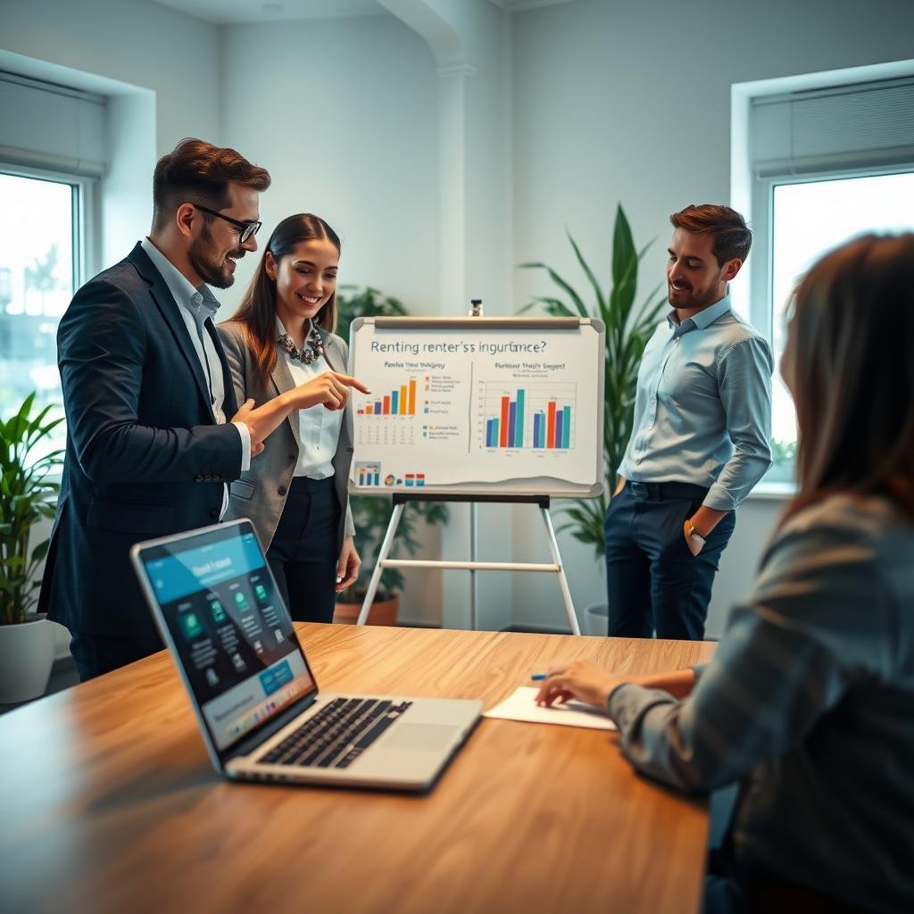 A serene office environment with a modern desk featuring a laptop displaying renter's insurance options. In the foreground, a diverse group of three professionals in smart casual attire are engaged in a discussion, pointing at the screen, conveying teamwork and excitement. In the middle, a whiteboard is visible with colorful graphs depicting discount structures and insurance policy comparisons to emphasize affordability. The background includes a well-lit room with plants and a window revealing a bright day outside, creating a positive and inspiring atmosphere. Use soft, natural lighting to enhance the mood, imitating a cozy yet professional setting, shot from a slightly elevated angle to capture the collaborative scene effectively. A serene office environment with a modern desk featuring a laptop displaying renter's insurance options. In the foreground, a diverse group of three professionals in smart casual attire are engaged in a discussion, pointing at the screen, conveying teamwork and excitement. In the middle, a whiteboard is visible with colorful graphs depicting discount structures and insurance policy comparisons to emphasize affordability. The background includes a well-lit room with plants and a window revealing a bright day outside, creating a positive and inspiring atmosphere. Use soft, natural lighting to enhance the mood, imitating a cozy yet professional setting, shot from a slightly elevated angle to capture the collaborative scene effectively.