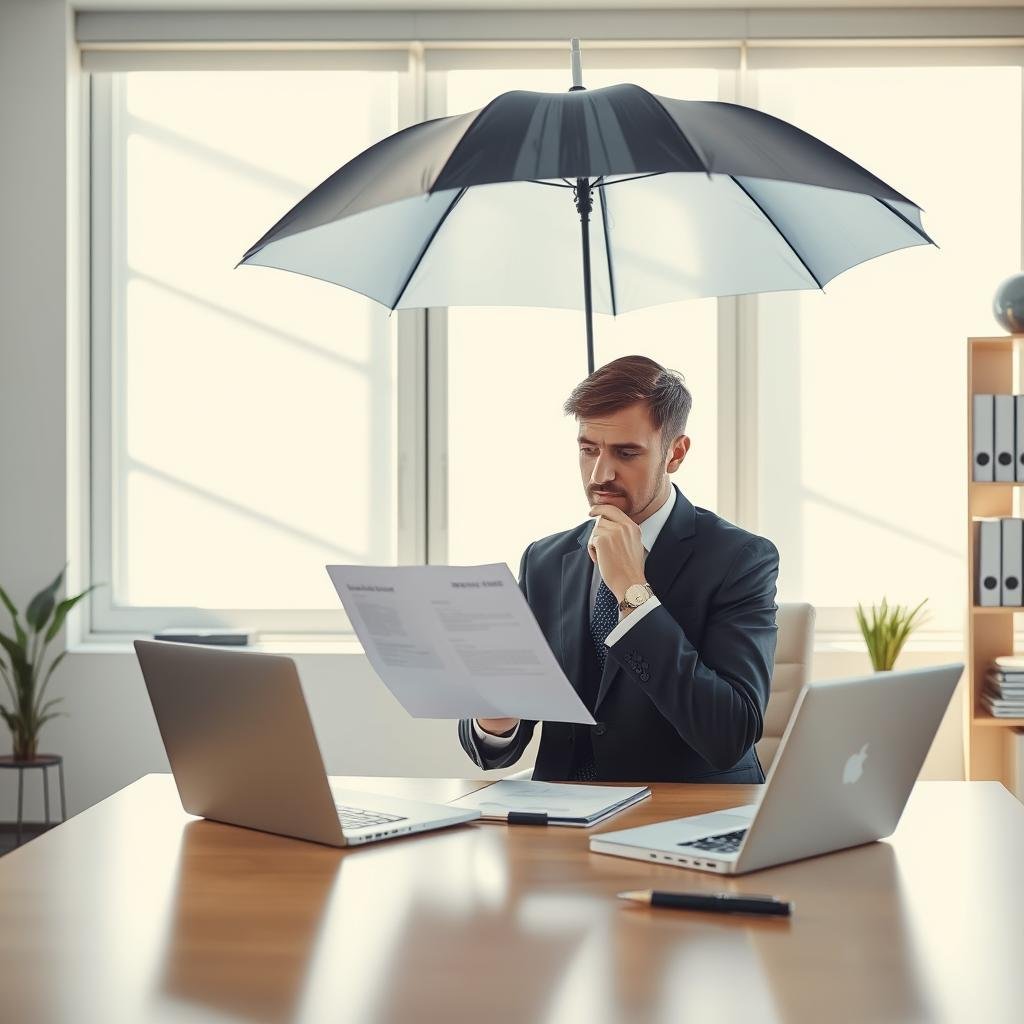 A serene office environment with a professional-looking person in a business suit, thoughtfully reviewing an umbrella insurance policy on their desk. In the foreground, the desk is adorned with a laptop, notepad, and a stylish, opened umbrella symbolizing protection. The middle layer features a large window with soft, natural light streaming in, casting gentle shadows across the room, creating a calm and focused atmosphere. In the background, shelves with neatly organized files and books contribute to an organized and professional setting. The overall mood should convey trust, security, and thoroughness, embodying the significance of the claims process in umbrella insurance. Use a soft focus effect to enhance the calming effect of the image.