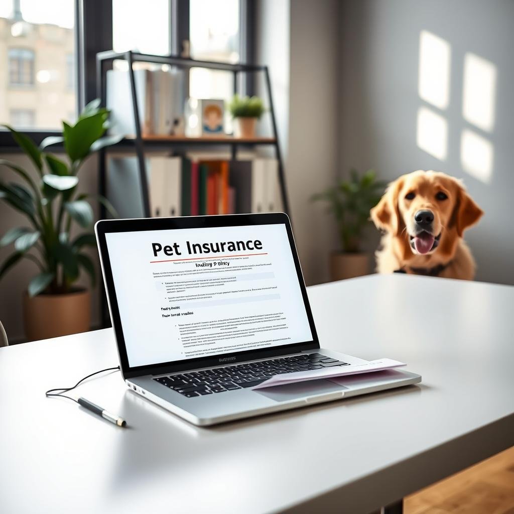 A serene office environment with a sleek, modern desk in the foreground featuring a laptop displaying a colorful pet insurance policy document laid open. A friendly golden retriever sits beside the desk, looking attentive and playful. In the middle ground, a well-organized shelf holds books about pet care and insurance, along with a potted plant, adding a touch of warmth. The background shows a window with soft, natural light streaming in, illuminating the room and creating a peaceful atmosphere. The composition reflects a professional yet inviting mood, suggesting a seamless understanding of pet insurance terms. Use a slightly over-the-shoulder angle to include the laptop and pet, emphasizing the connection between pet ownership and insurance.