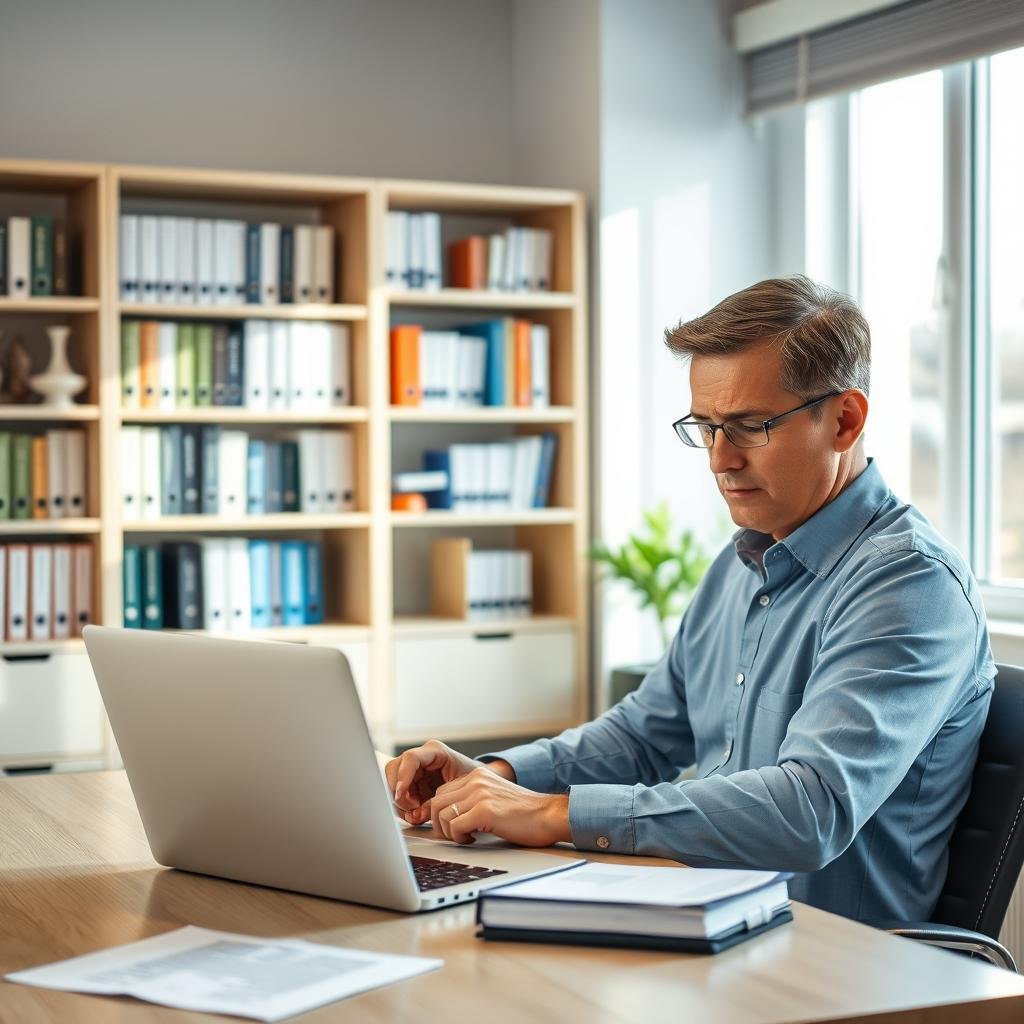 A serene office space featuring a professional-looking individual sitting at a neat desk, reviewing insurance policy documents. The foreground shows a focused middle-aged person in smart casual attire, intently looking at a laptop with a notepad beside them, jotting down notes. In the middle, an organized bookshelf filled with finance and life insurance books conveys a sense of expertise. The background features a window with soft natural light streaming in, illuminating the room and creating a warm, inviting atmosphere. The color palette is calm with light blues and earthy tones, reflecting a sense of security and professionalism. The overall mood is one of careful consideration and the importance of planning for a future, embodying the theme of reviewing and updating life insurance policies.